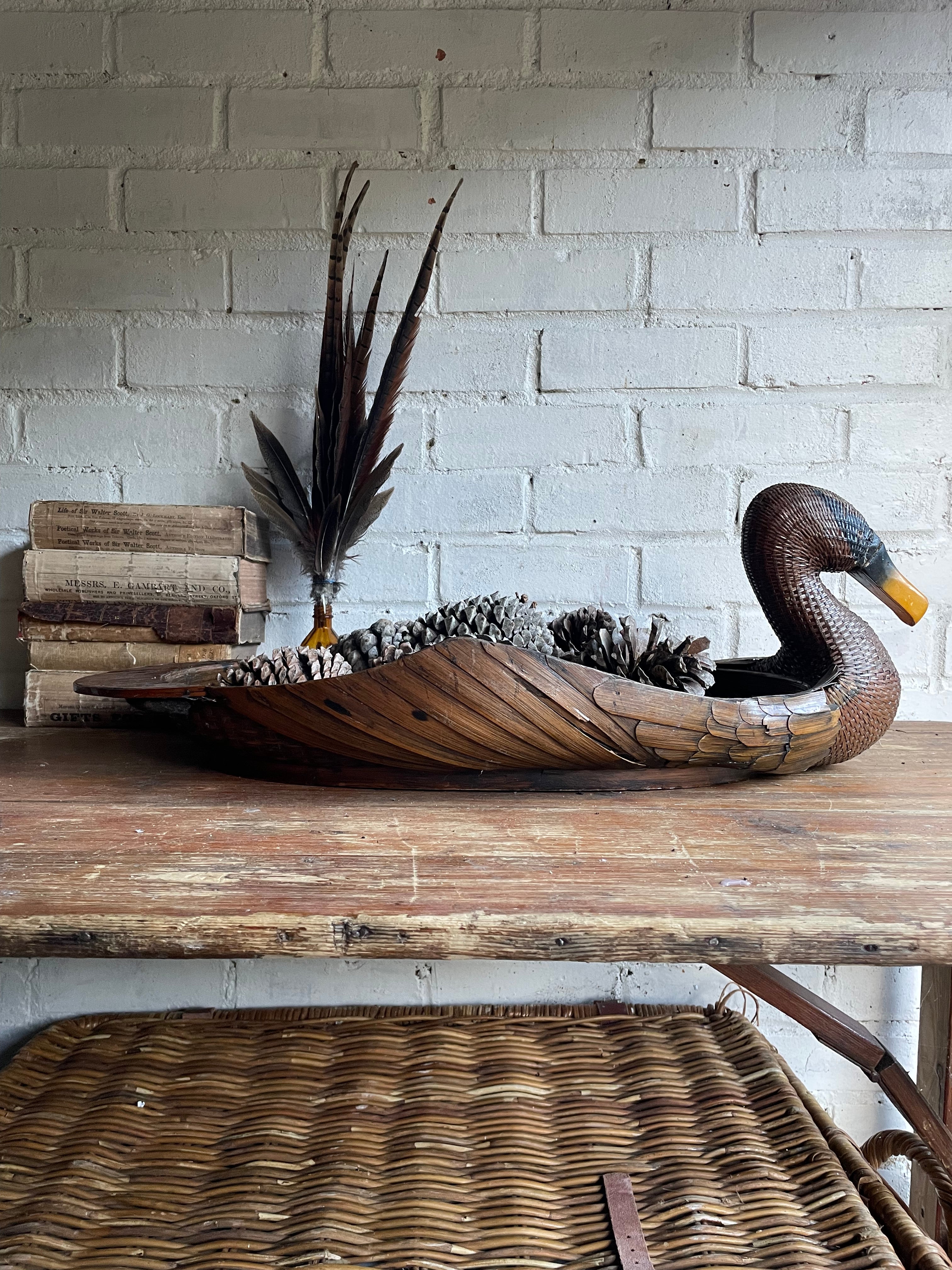 Duck-Shaped Wooden and Rattan Tray