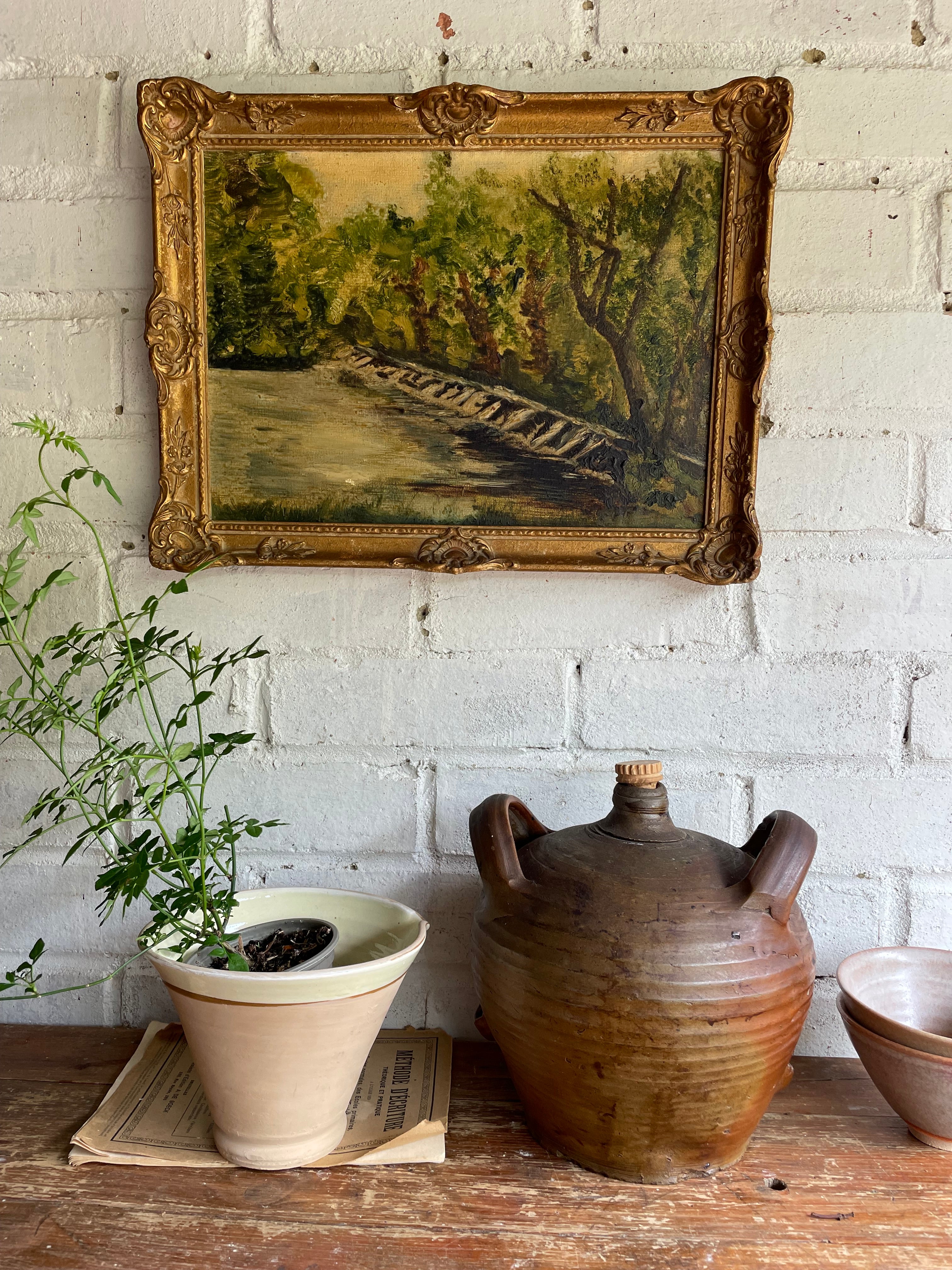 Steps to the River: Mid-20th Century Oil on Board with Gilt Frame