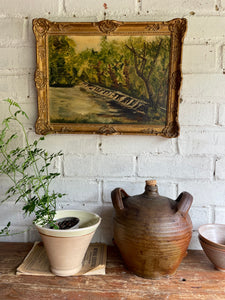 Steps to the River: Mid-20th Century Oil on Board with Gilt Frame