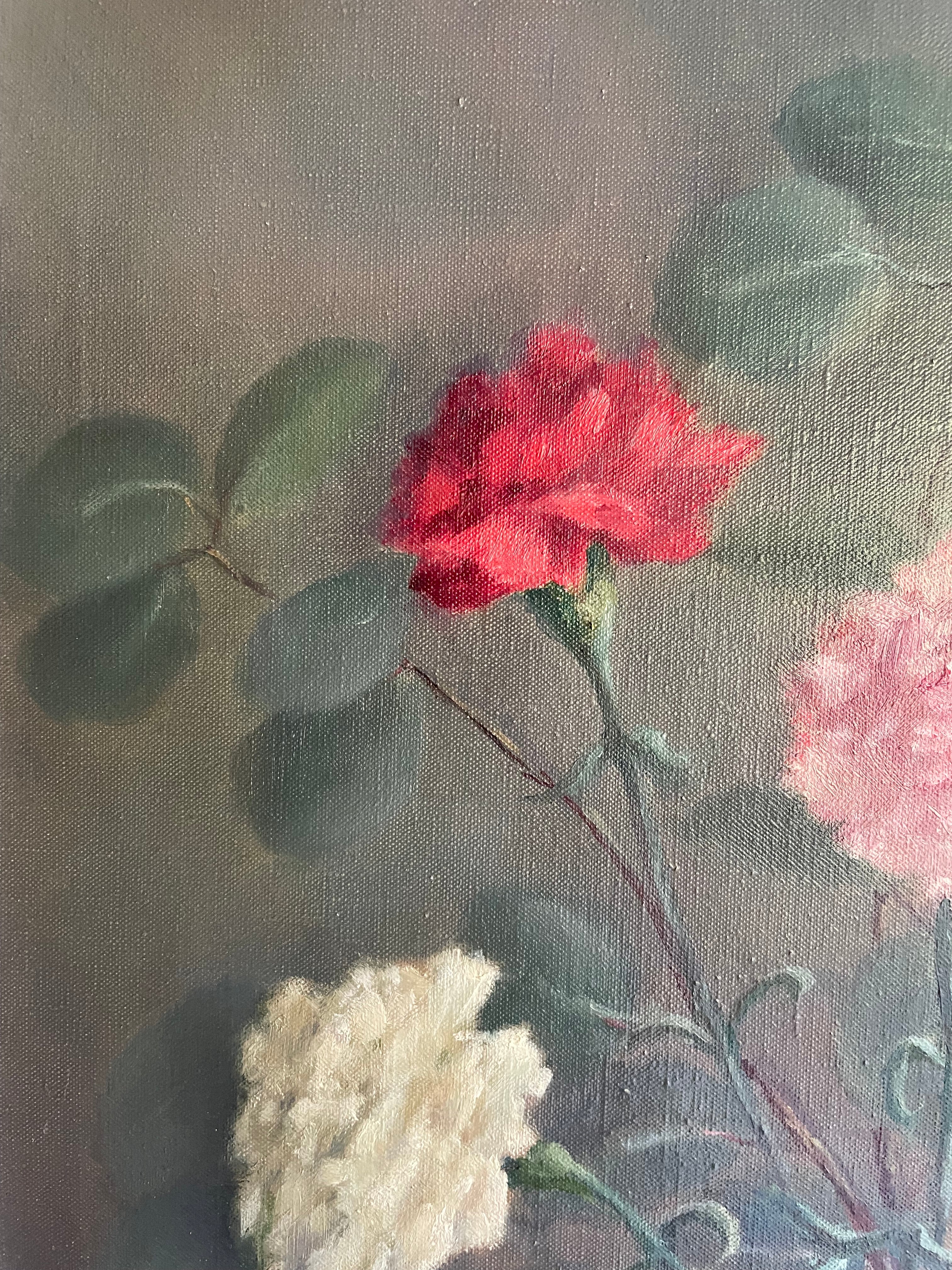 Signed Midcentury Floral Oil on Canvas in Reds & Pinks: Was £105 now £73.50 at checkout
