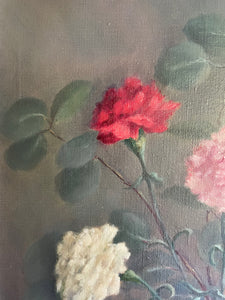 Signed Midcentury Floral Oil on Canvas in Reds & Pinks: Was £105 now £73.50 at checkout