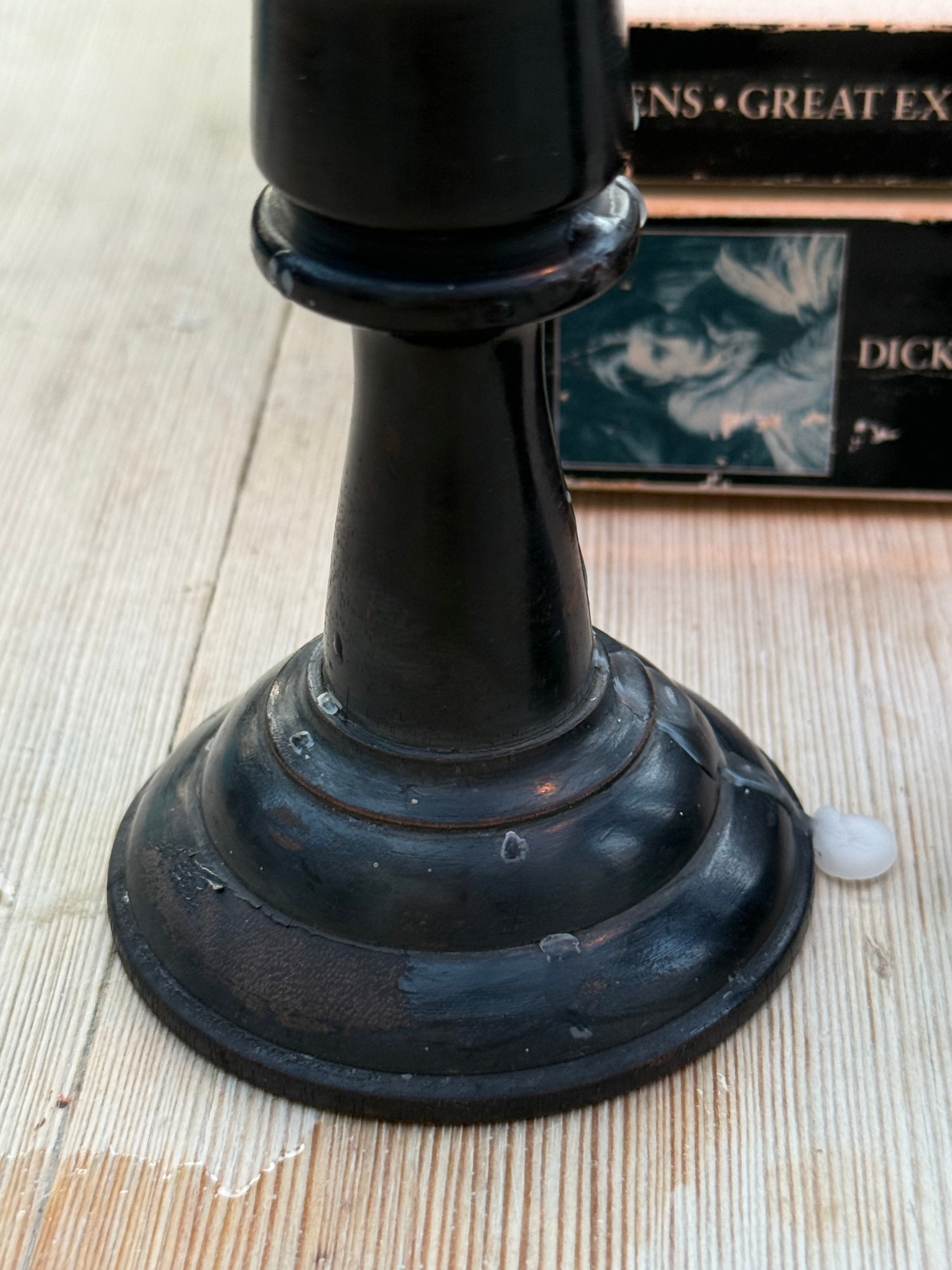 Circa 1880s: Mismatched Small Ebony Wooden Candlesticks