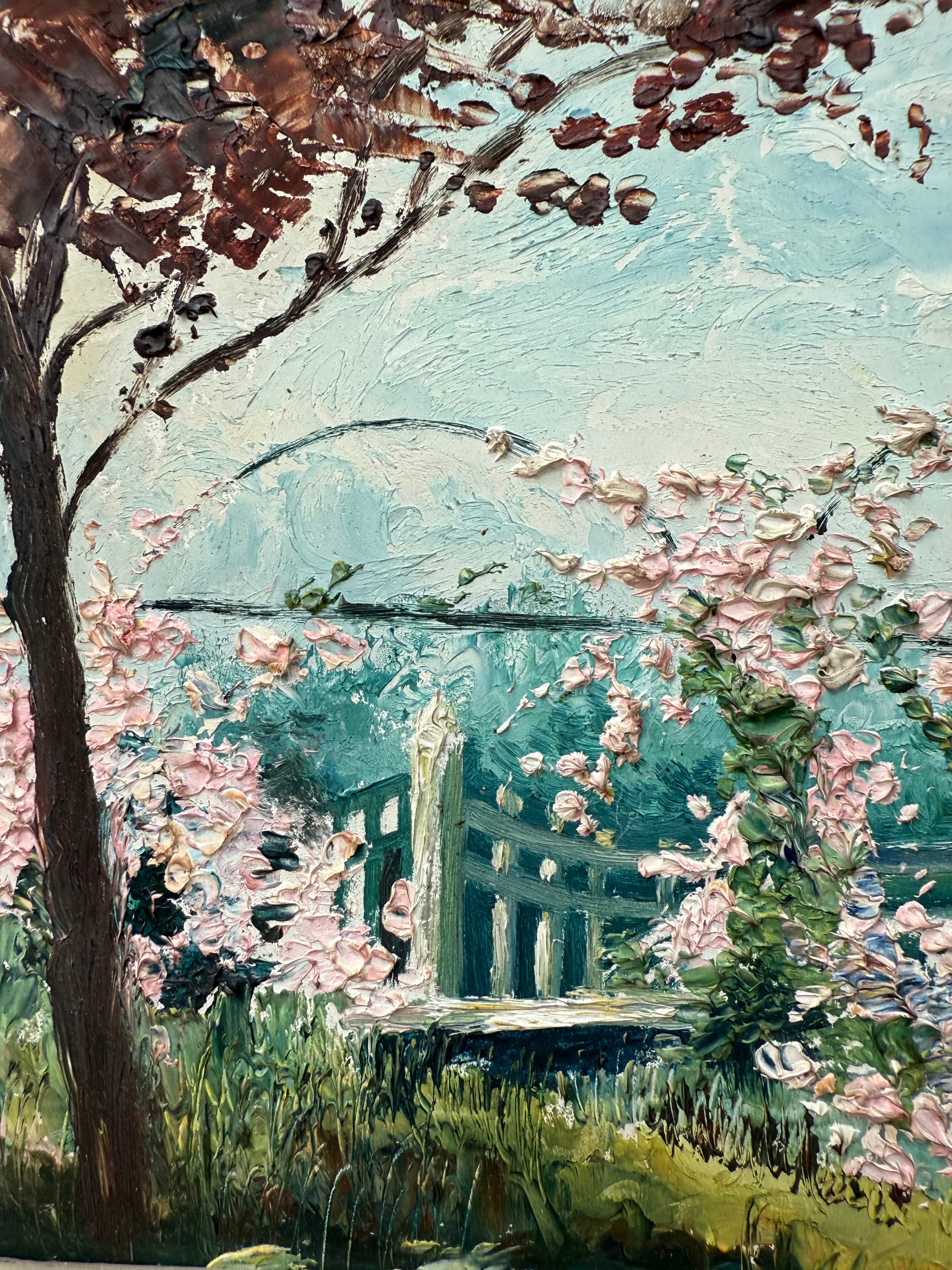 Blossom Tree: Small Early 20th Century Signed Impressionist  Oil on Board