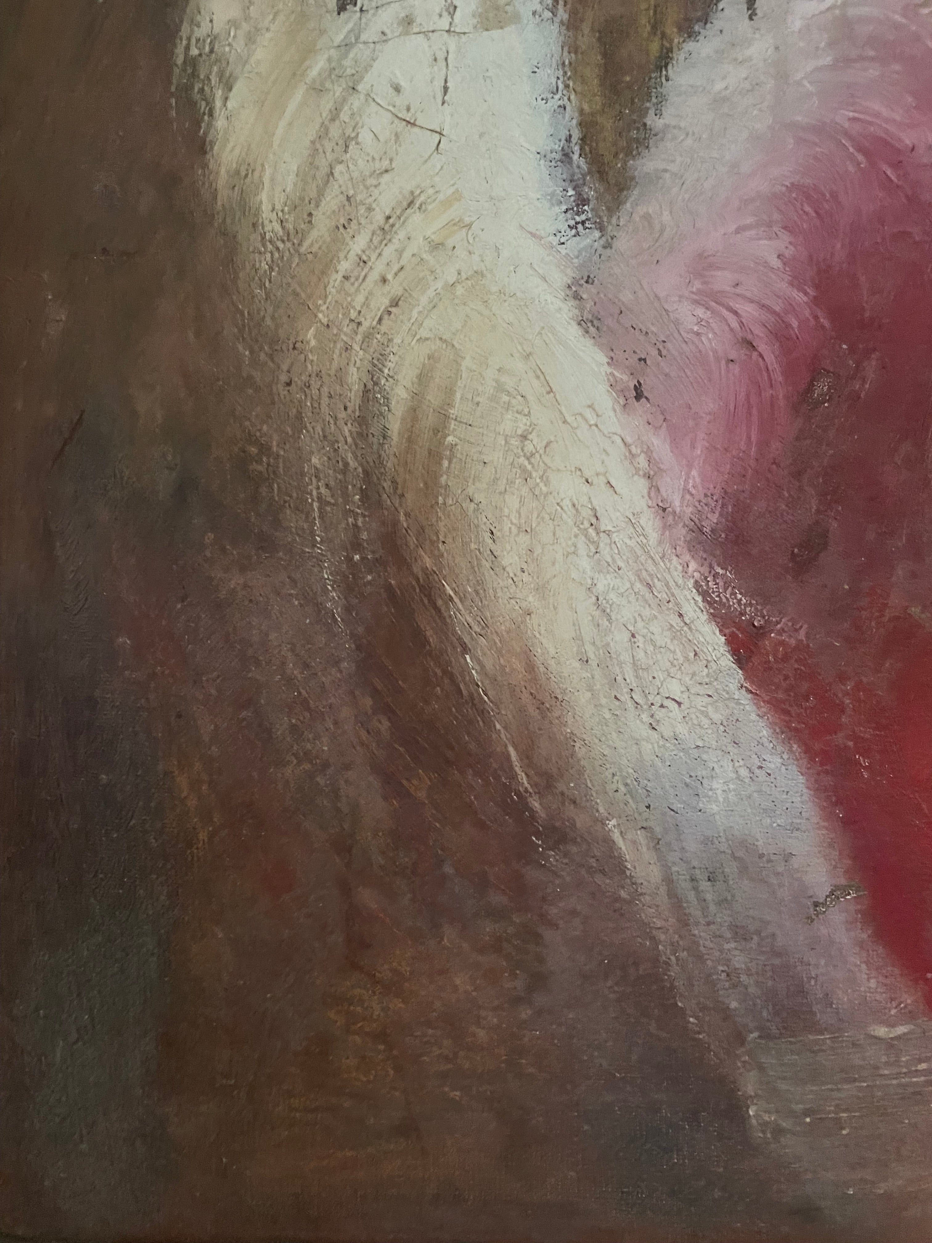 Impressionist Style Portrait with Feather Cape: Mid 20th Century Oil on Board
