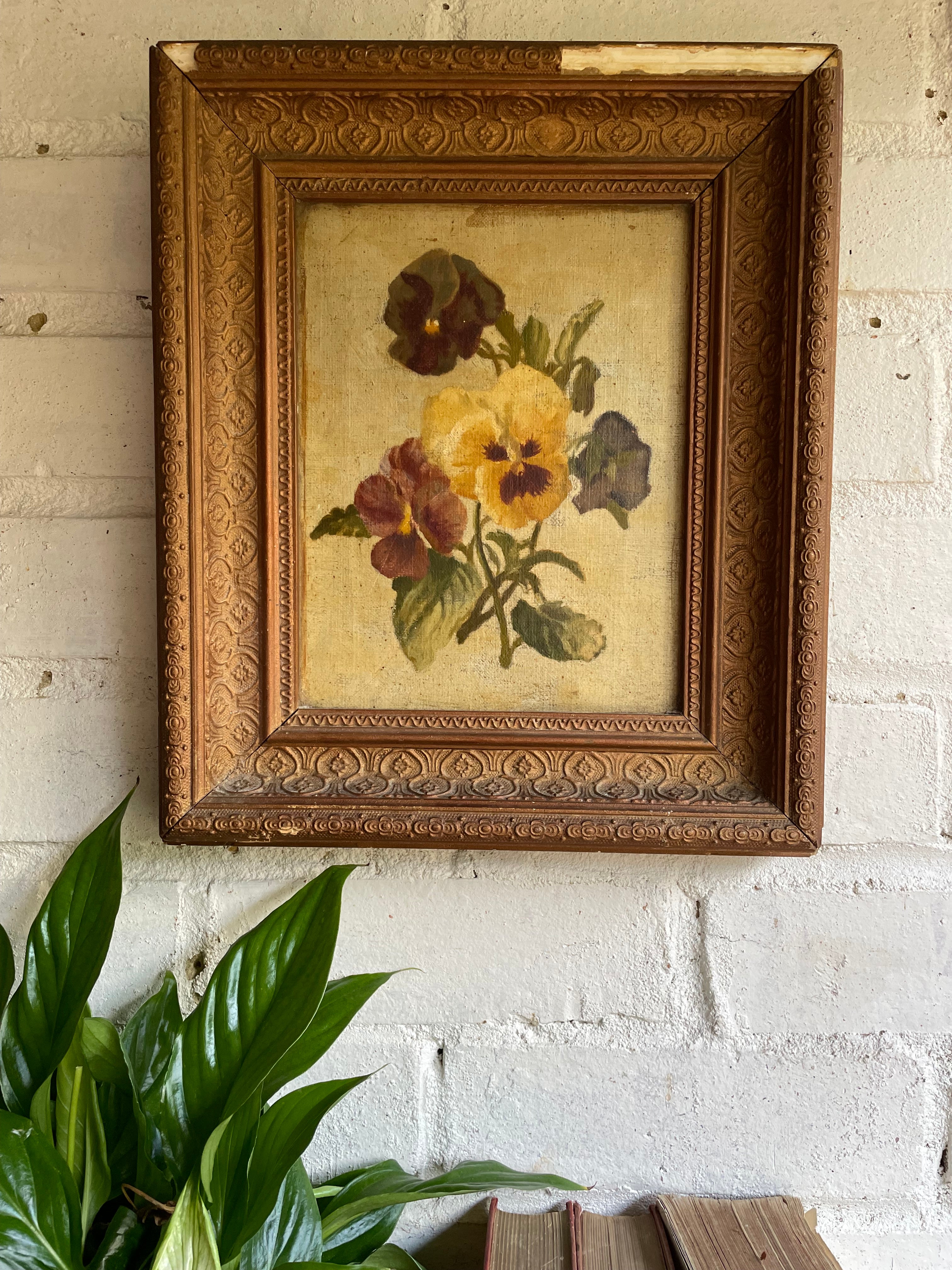 Early 1900s Still Life of Pansies: Antique Oil on Hessian Canvas