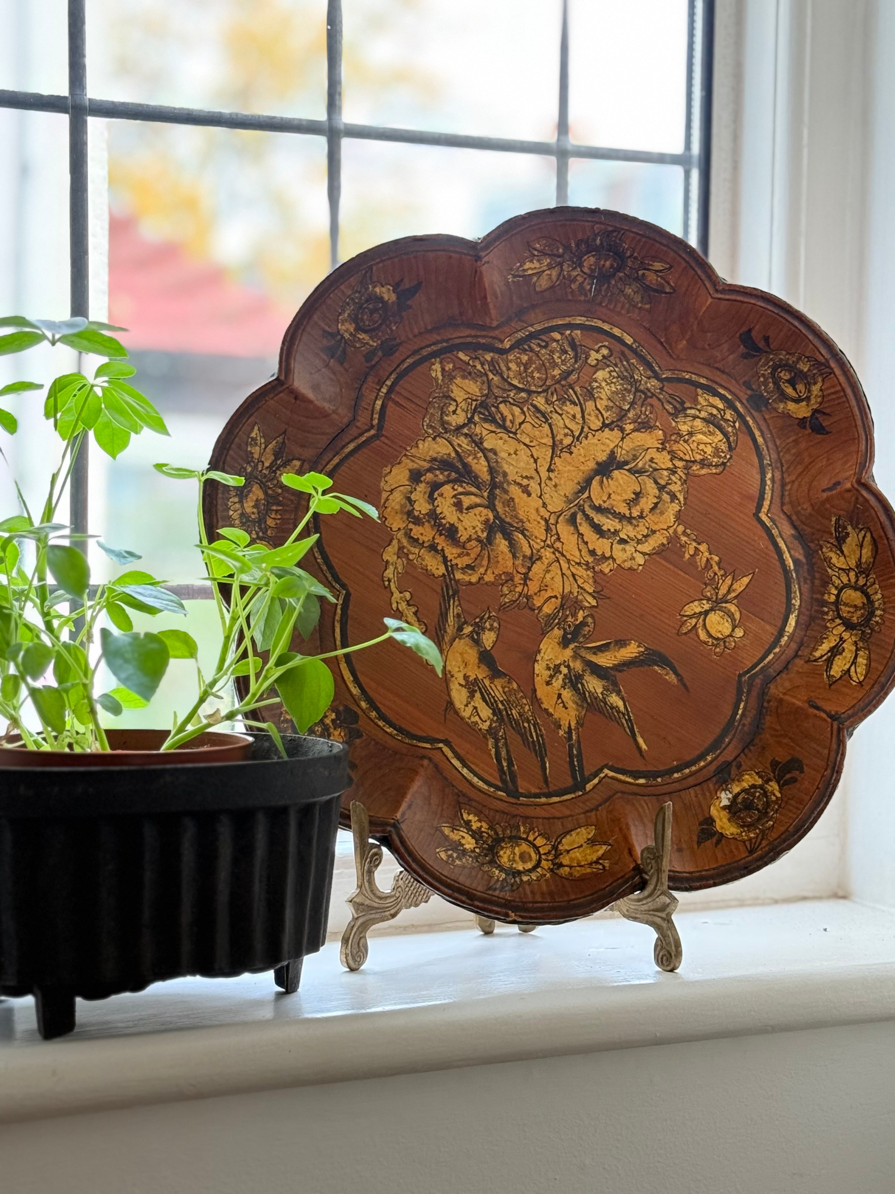 Circa 1890s: Handpainted Gold Leaf Chinese Scalloped Tray With Birds & Flowers