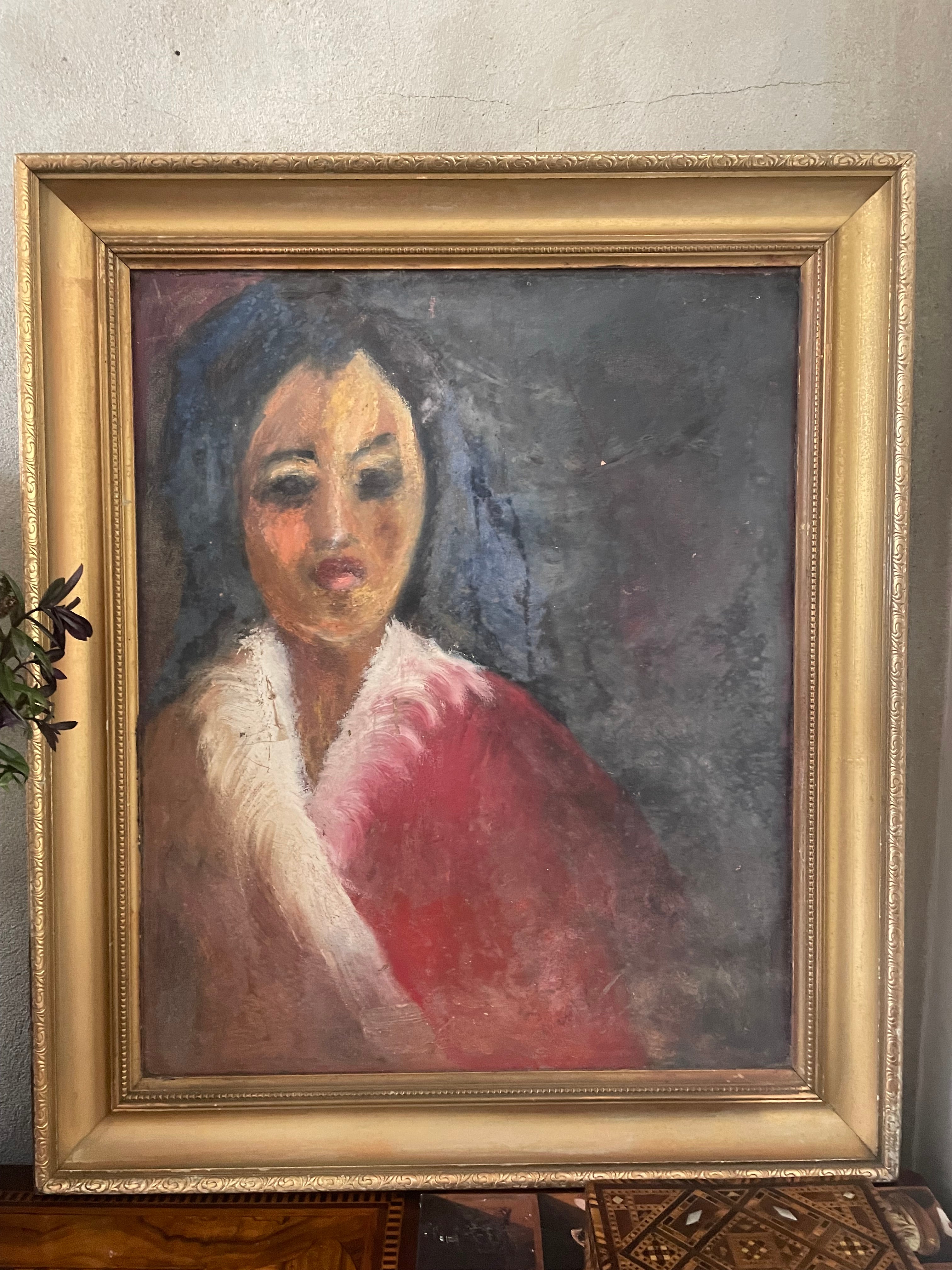 Impressionist Style Portrait with Feather Cape: Mid 20th Century Oil on Board