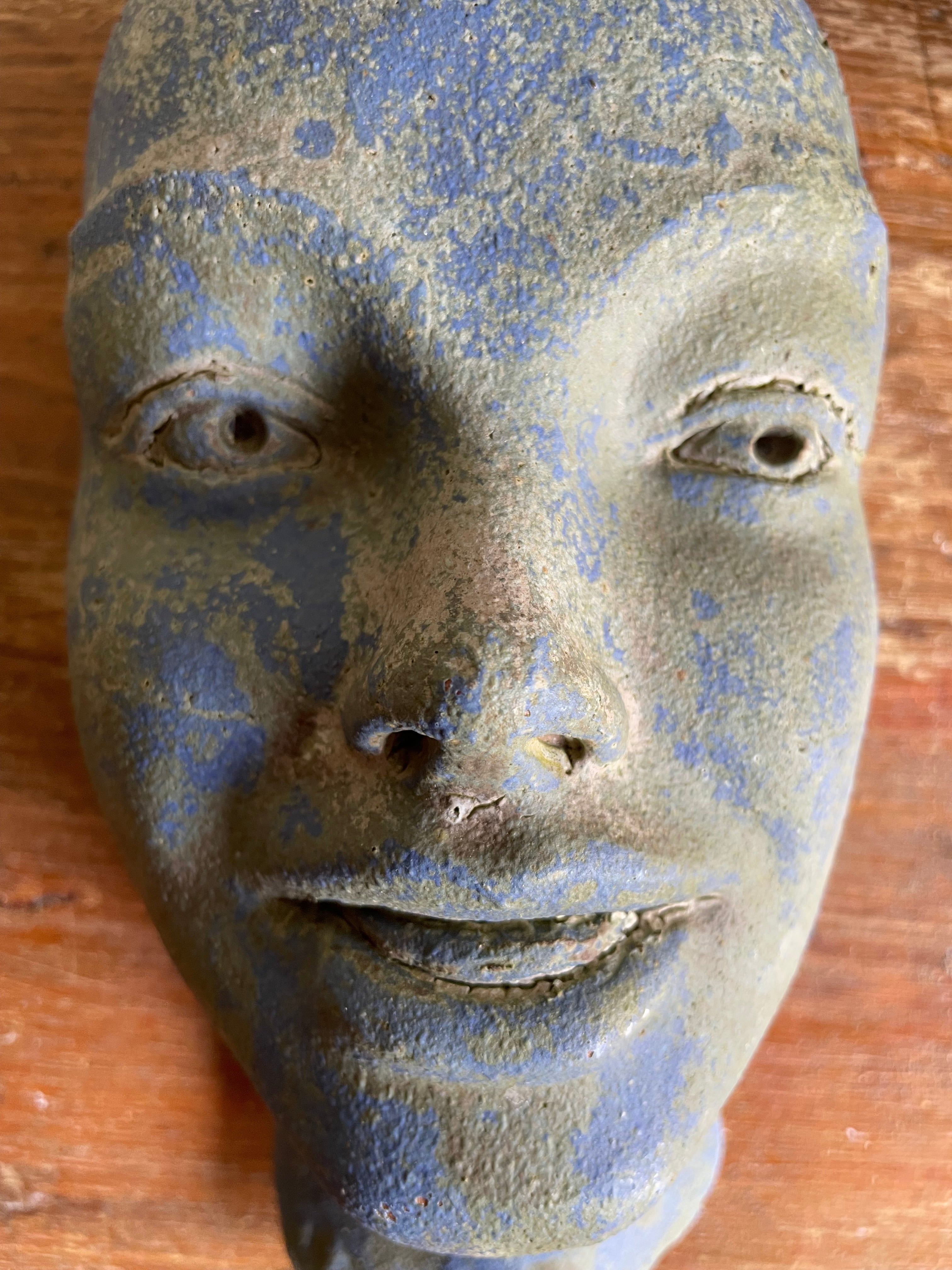 Decorative Sculptural Clay Face in Blue Hues