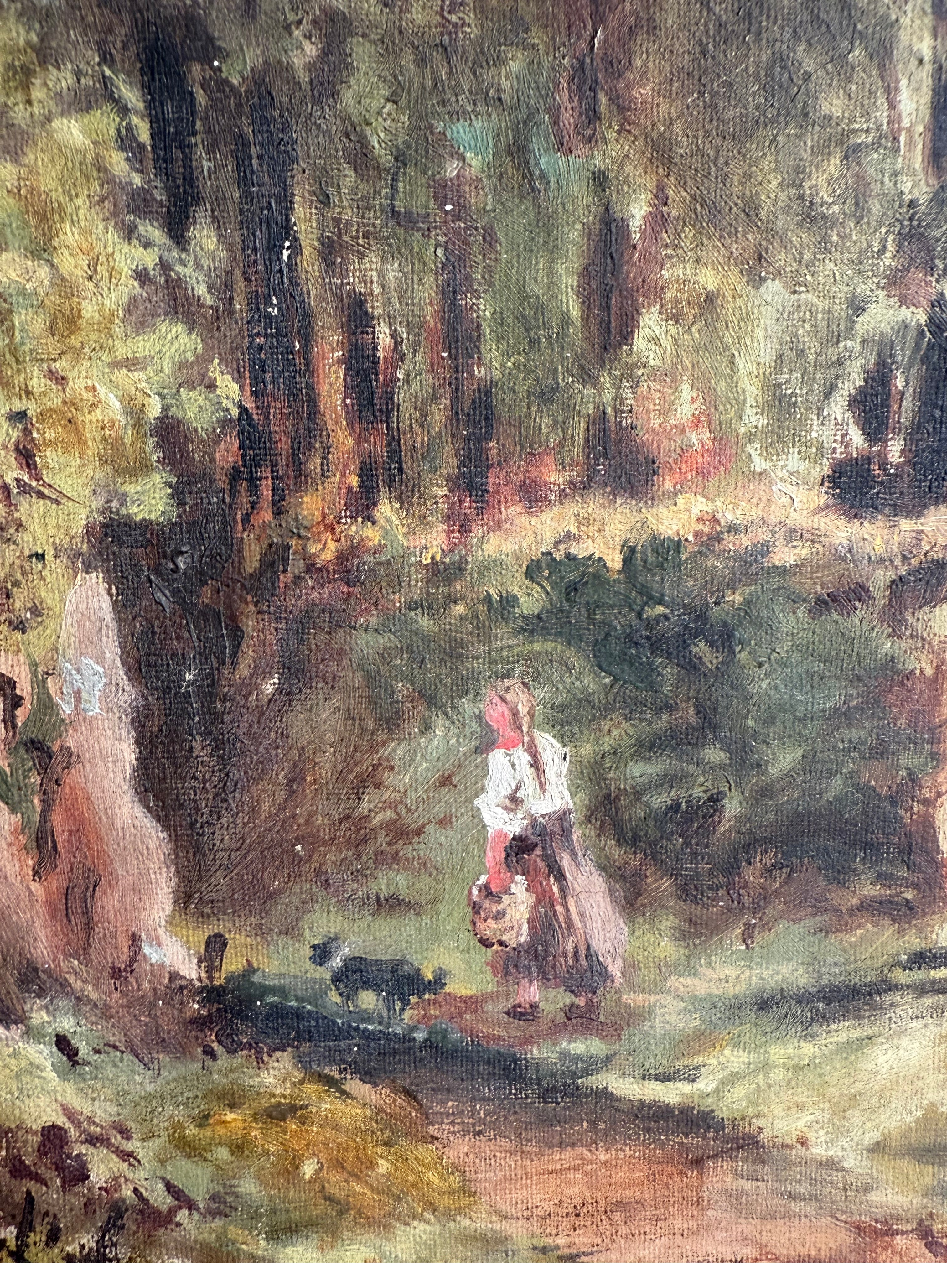 Woman & Dog: Signed & Dated 1916 Oil on Canvas