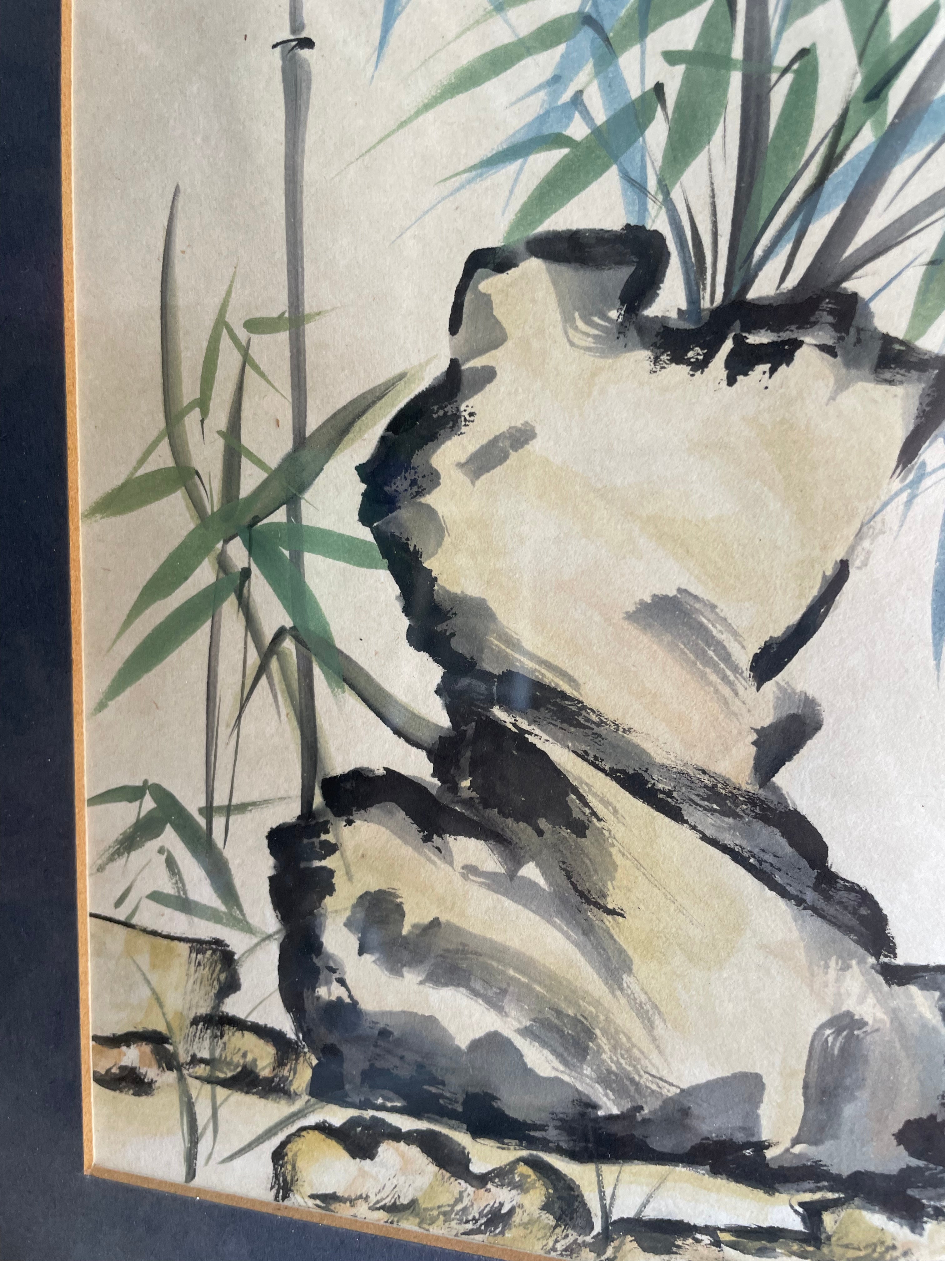 Japanese Watercolour on Textured Paper with Blue Mount