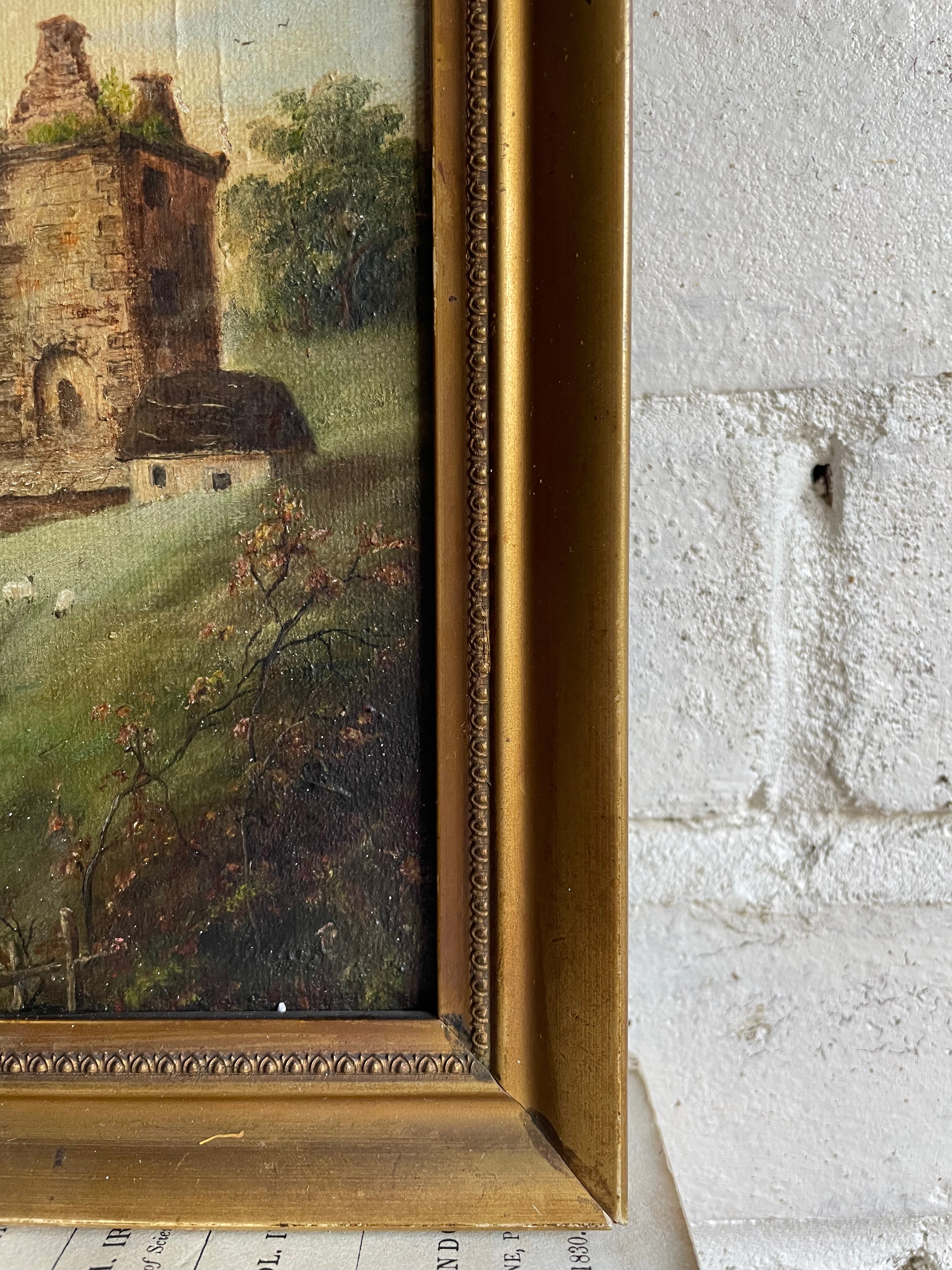 Sheep on a Hill : Small 19th Century Oil on Canvas