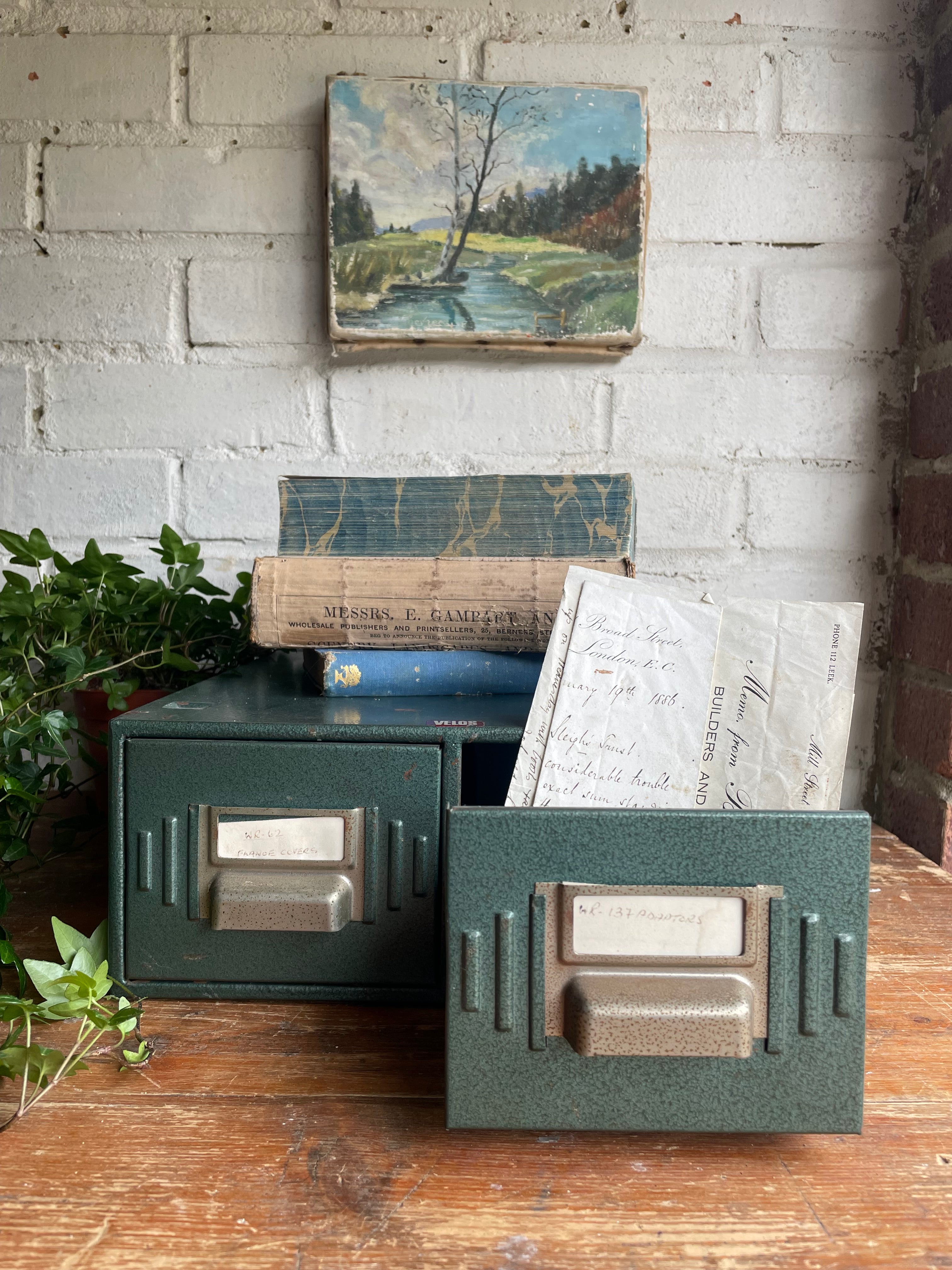 Vintage Green Metal Double Filing Drawers