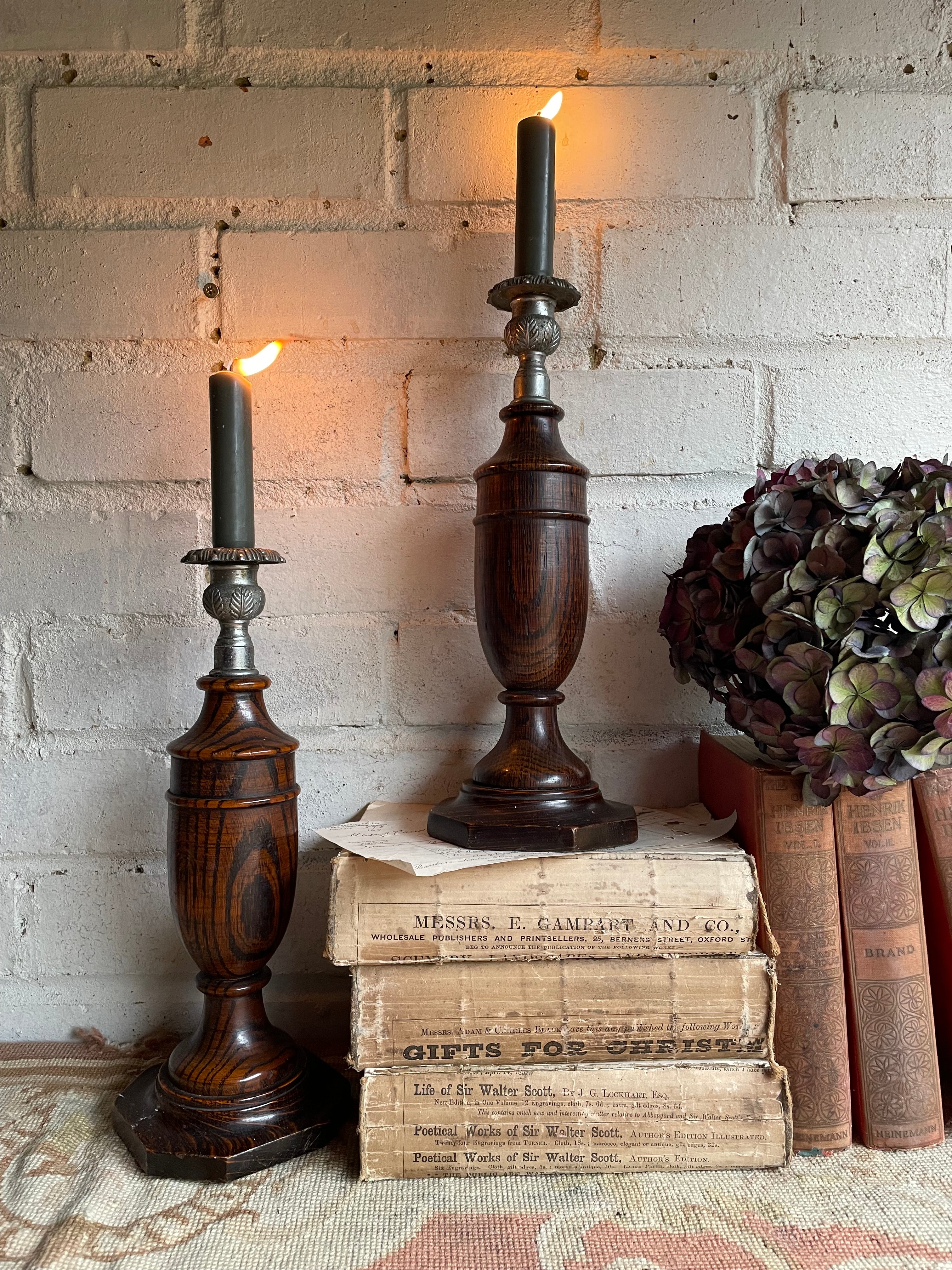 Early 1900s Oak & Silver Plate Wooden Candlesticks. Were £50 now £32.50 at checkout