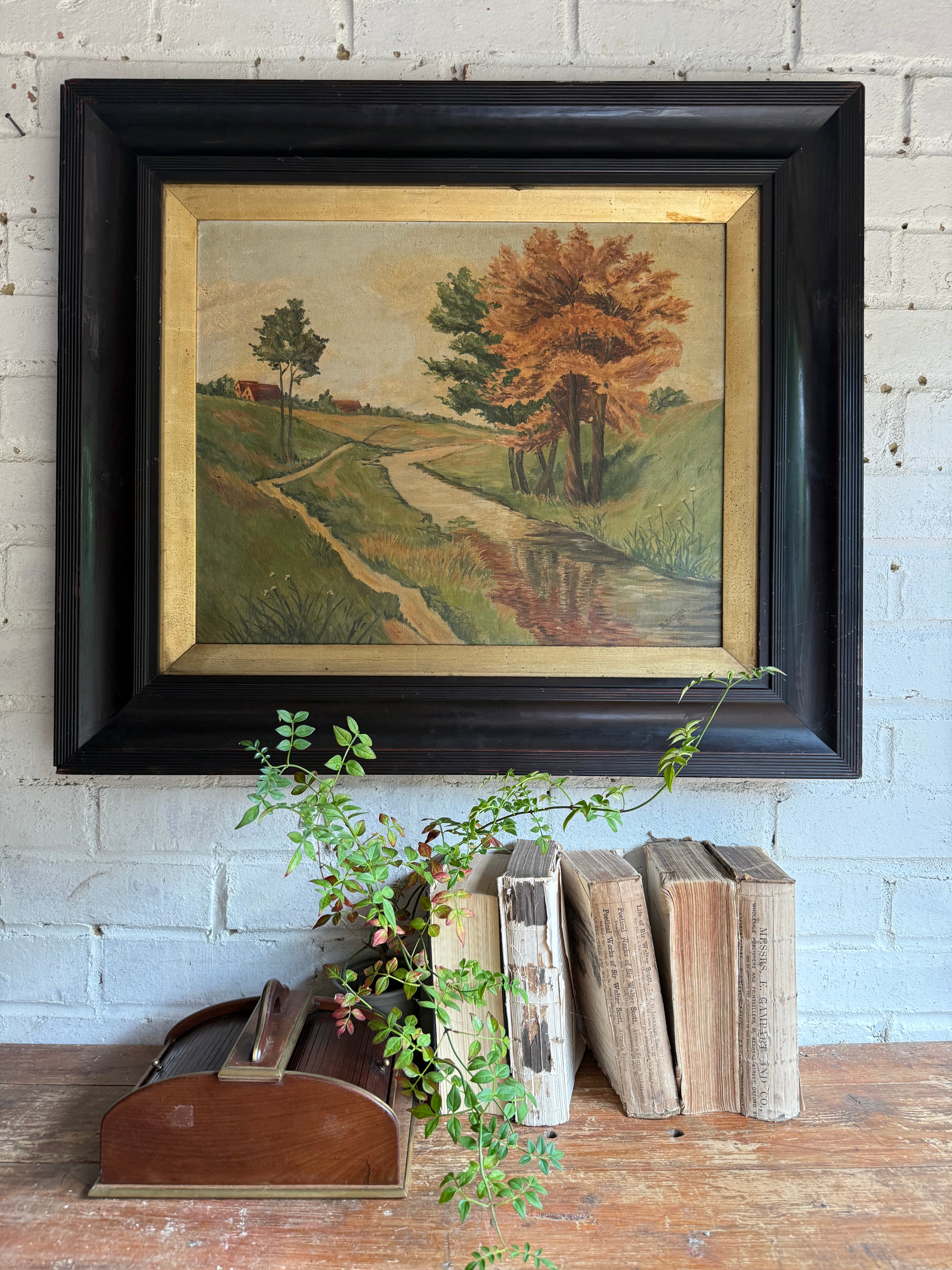 Seasonal Change: Large Early 20th Century Oil on Canvas with Ebonised Frame