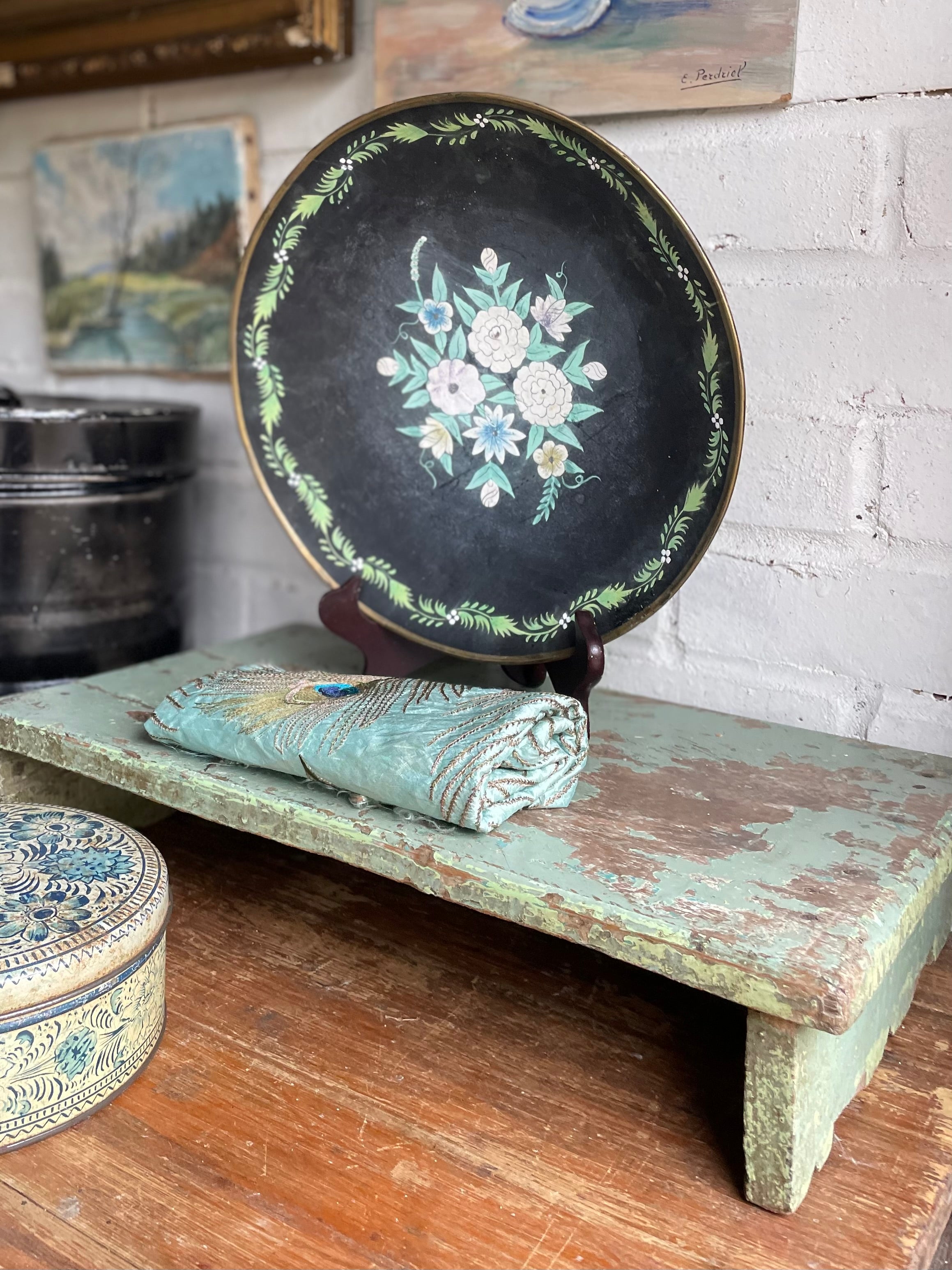 Rustic Painted Wooden Low Stool or Display Stand