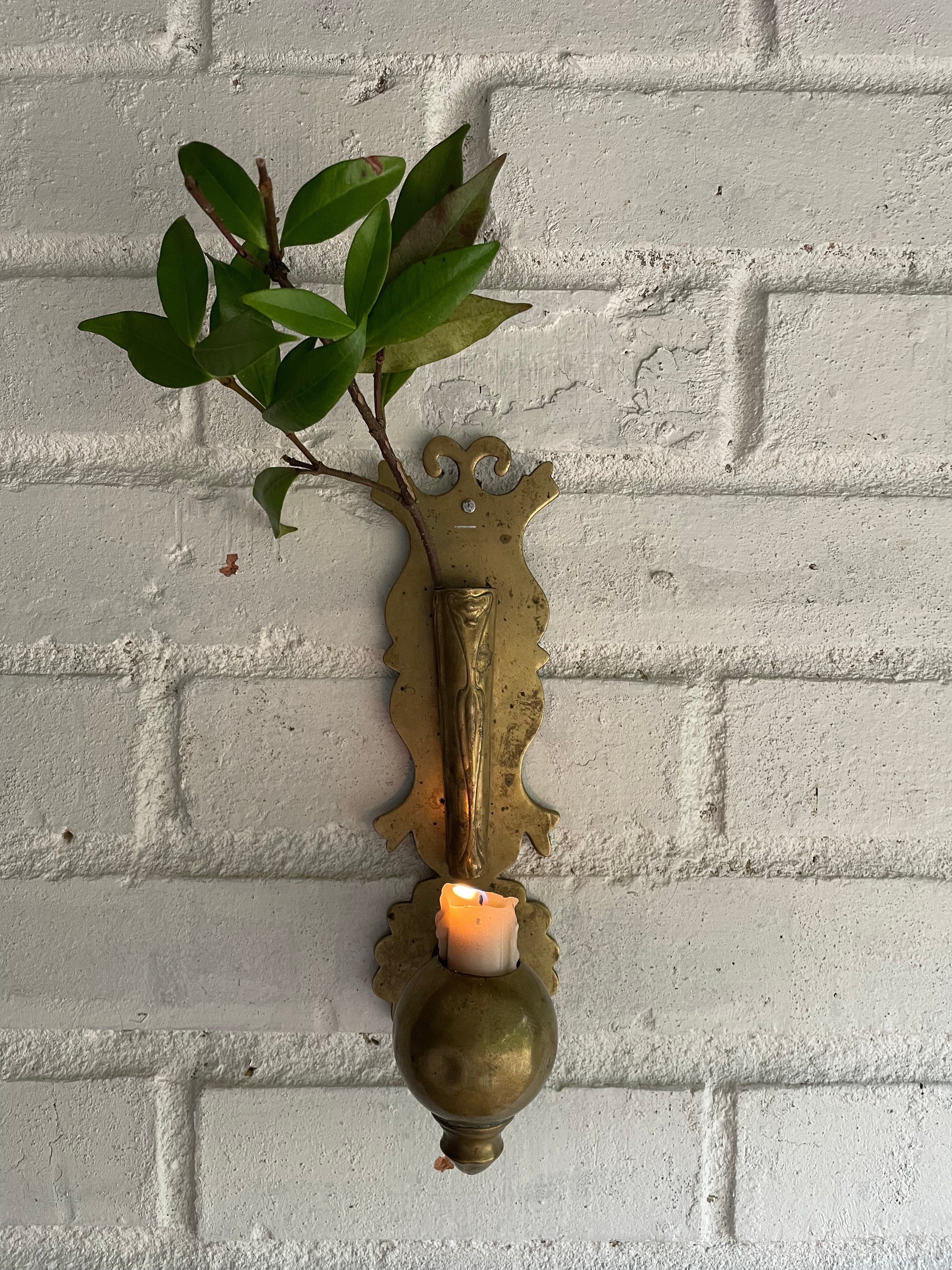 19th Century Brass Wall Hung Candleholder with Flower Posy