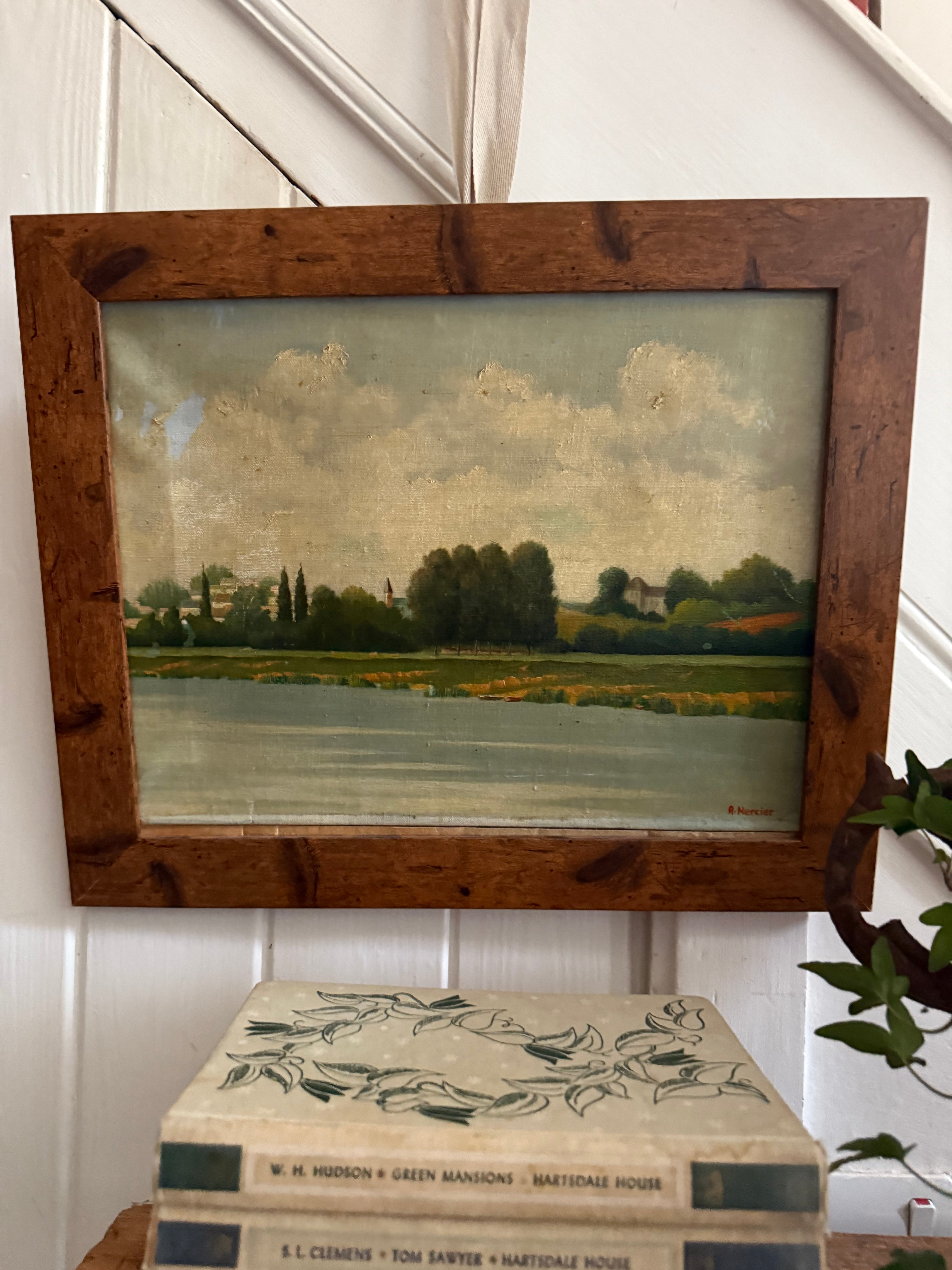 Early 1900s Signed Atmospheric Landscape Oil on Canvas