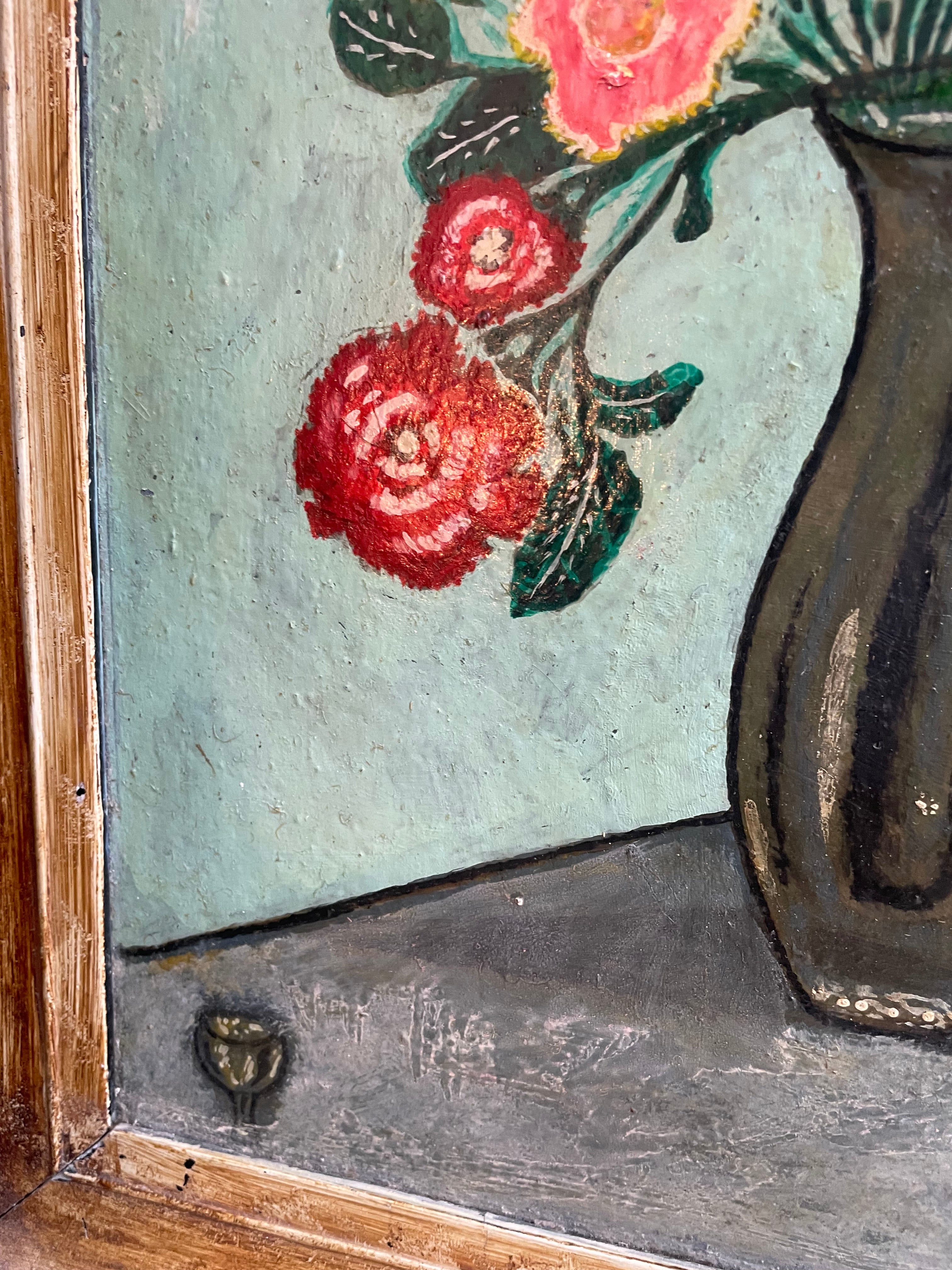 Vintage French Oil Painting on Wood With Vase & Flowers: Naive Style