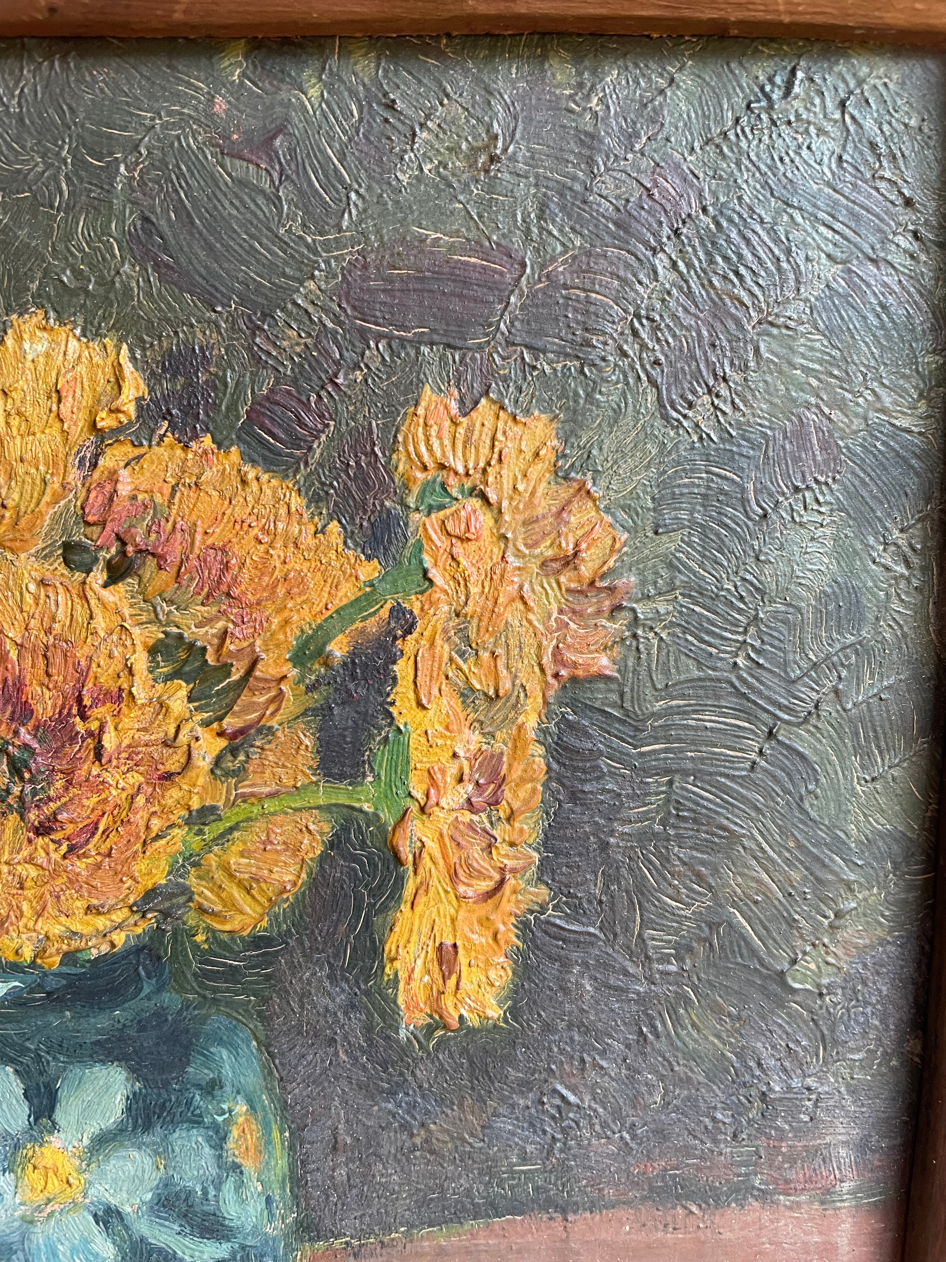Still Life with Crysanthemums: 1930s French Oil on Board with Original Carved Wooden Frame