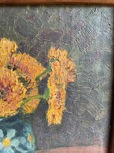 Still Life with Crysanthemums: 1930s French Oil on Board with Original Carved Wooden Frame