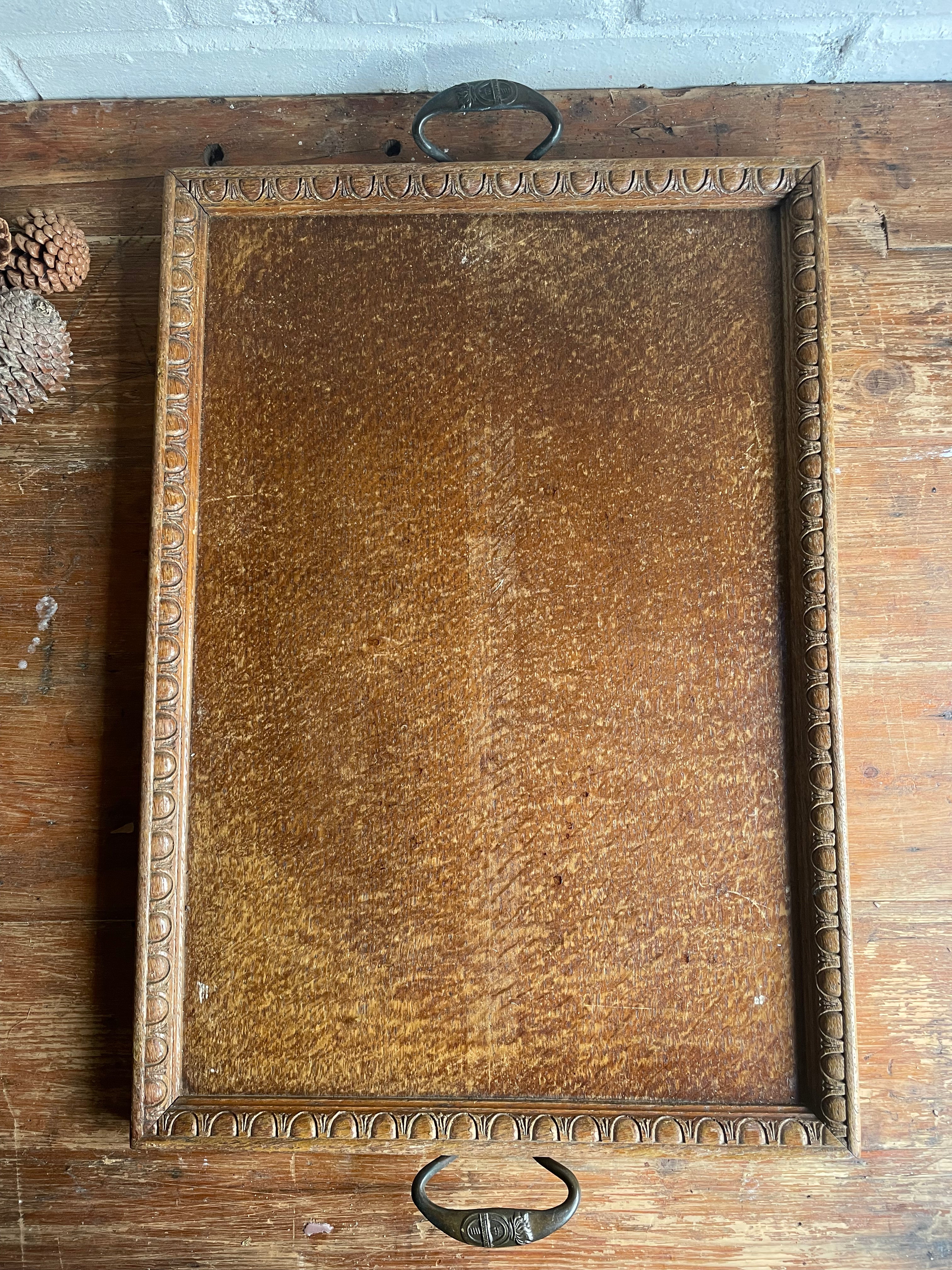 Edwardian Wood Tray with Iron Handles & Carved Decorative Detail