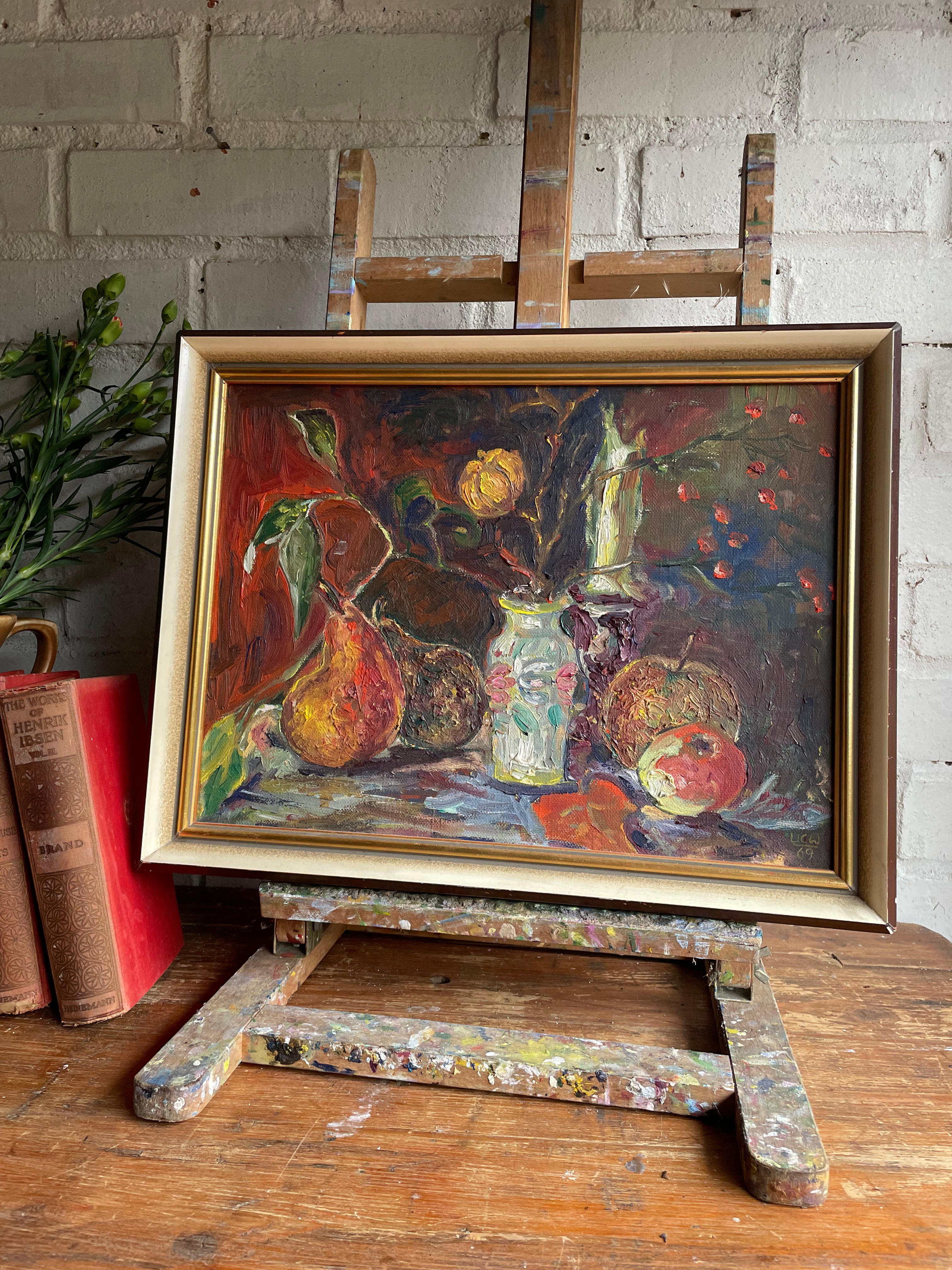 Floral & Fruit Still Life:  Signed & Dated Oil on Board