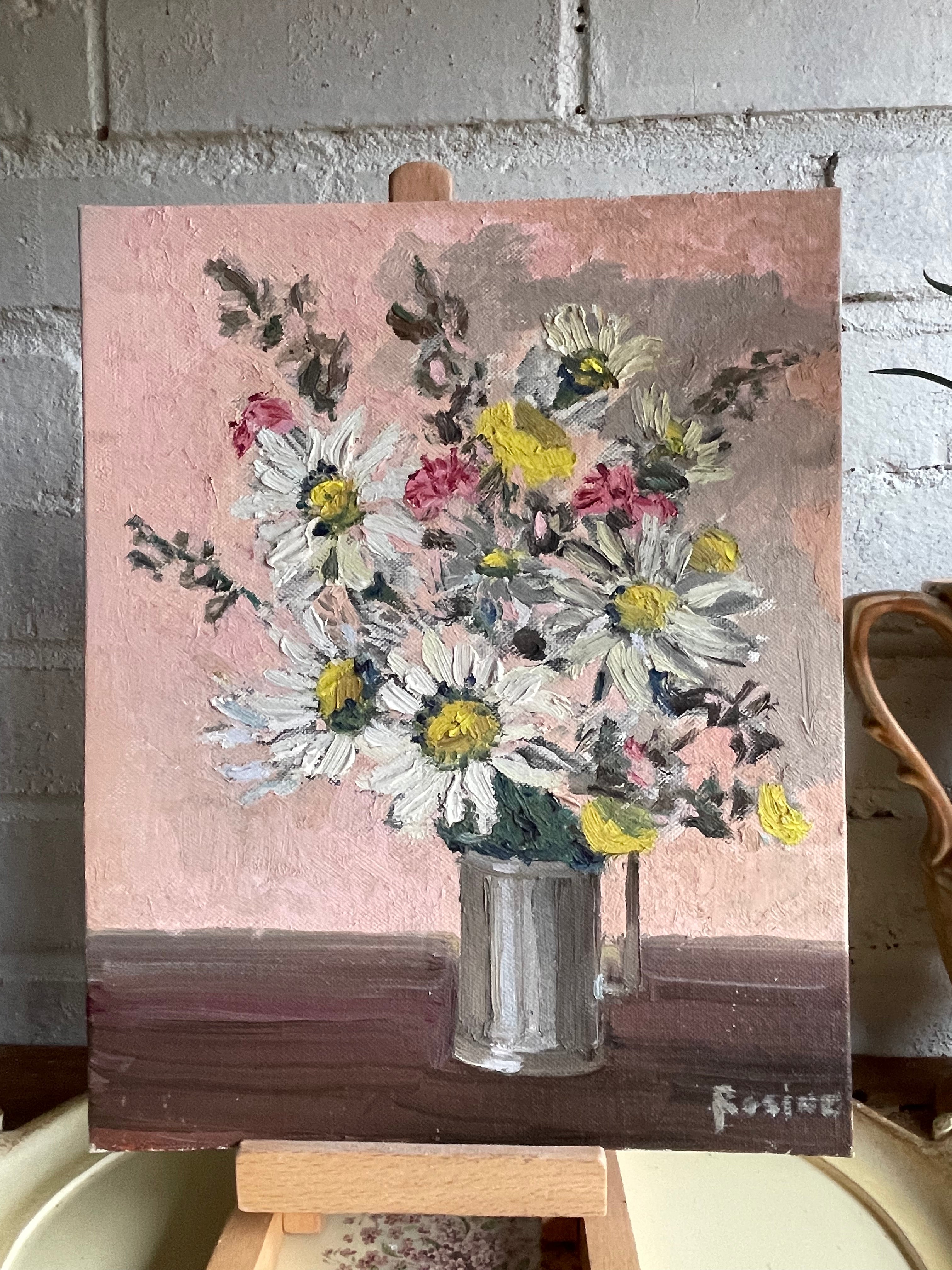 Daisies in a Silver Vase: Small Oil on Board