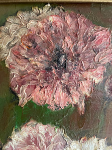 Peonies: Antique Oil on Board with Egg & Dart Frame
