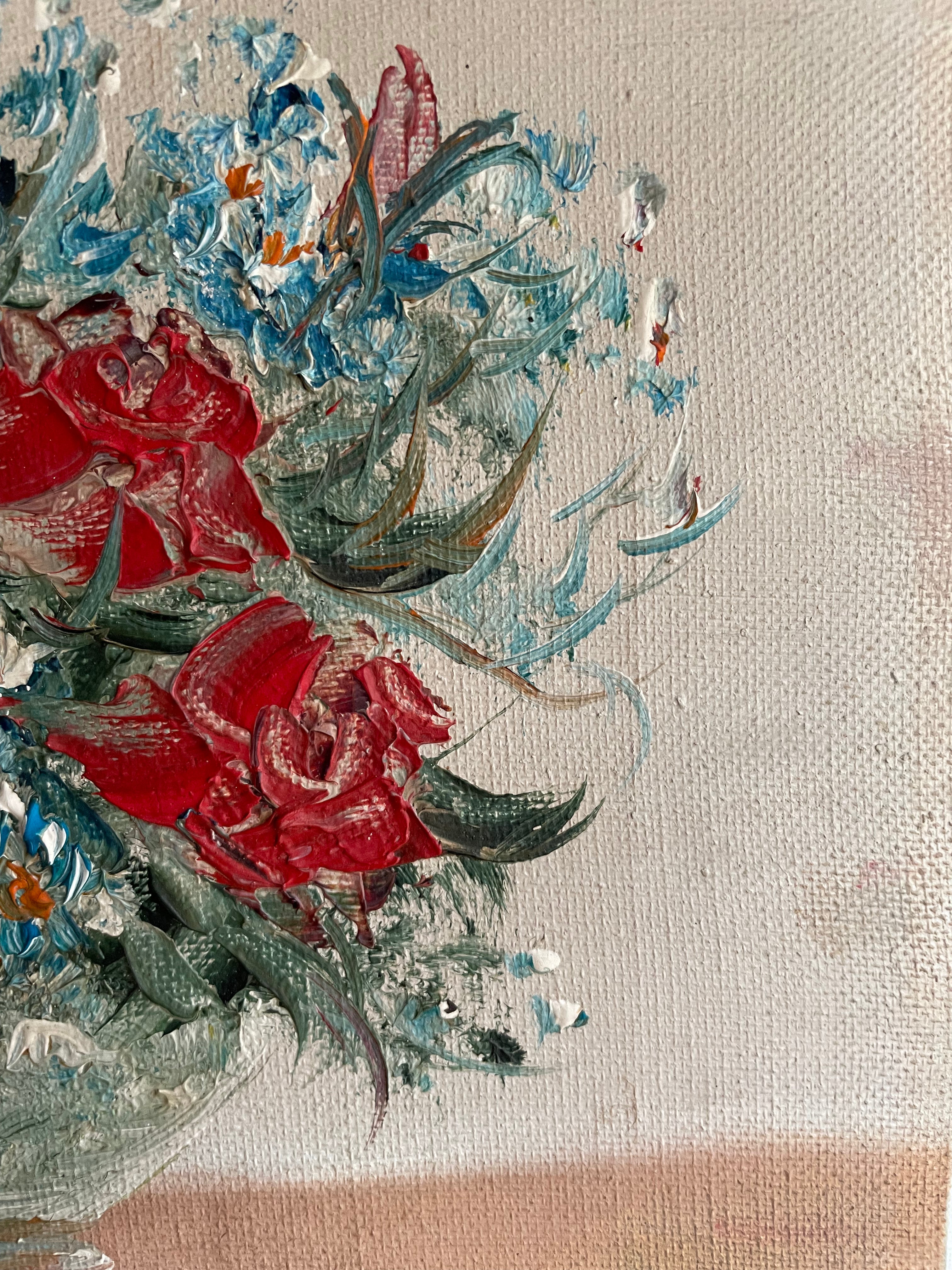 Green Vase with Flowers: Stretched Oil on Canvas