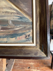 Flemish Canalscape: Large Midcentury Oil Painting