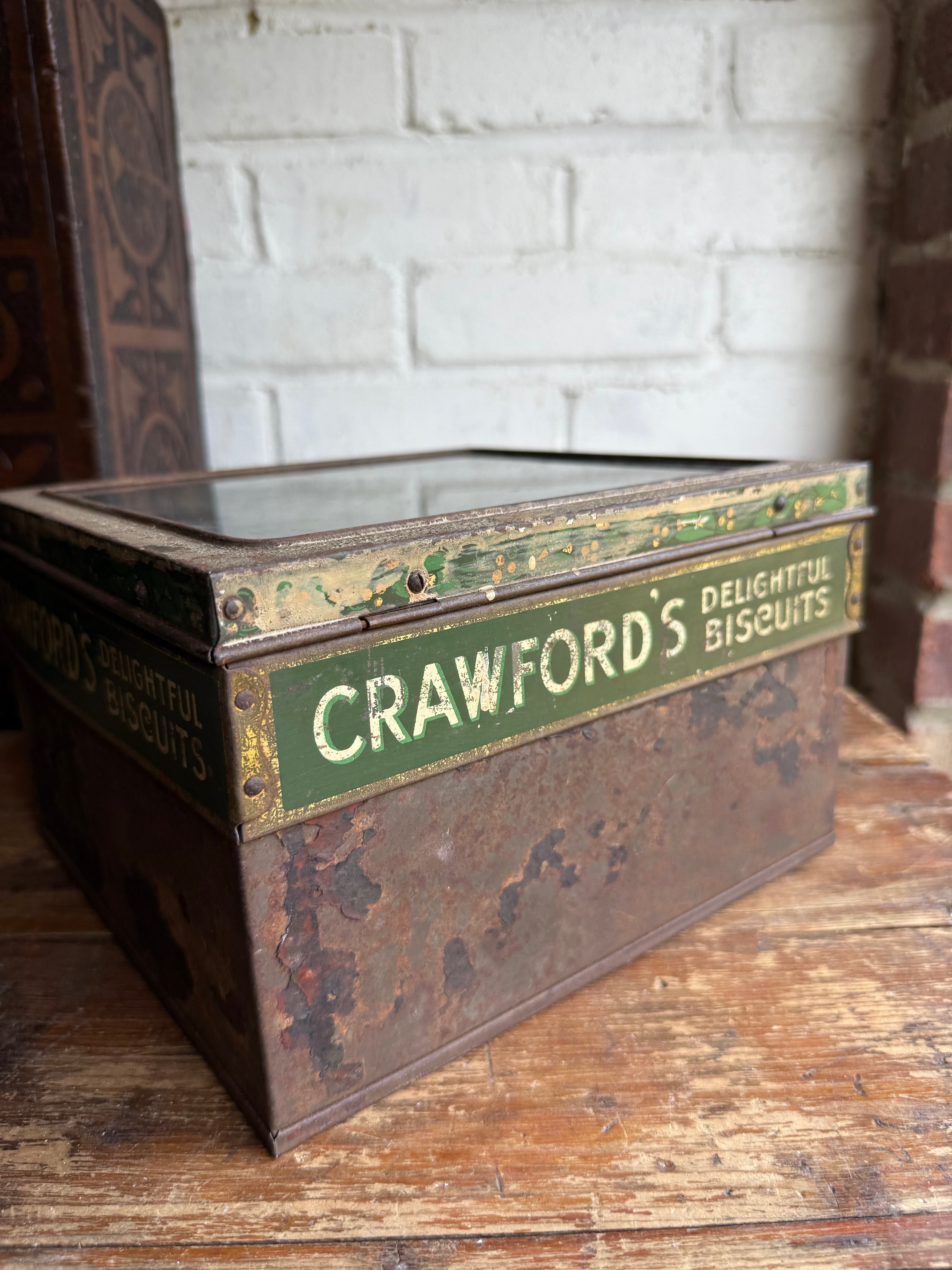 Rare Antique Crawfords Biscuit Shop Counter Display Tin with Glass Top Lid