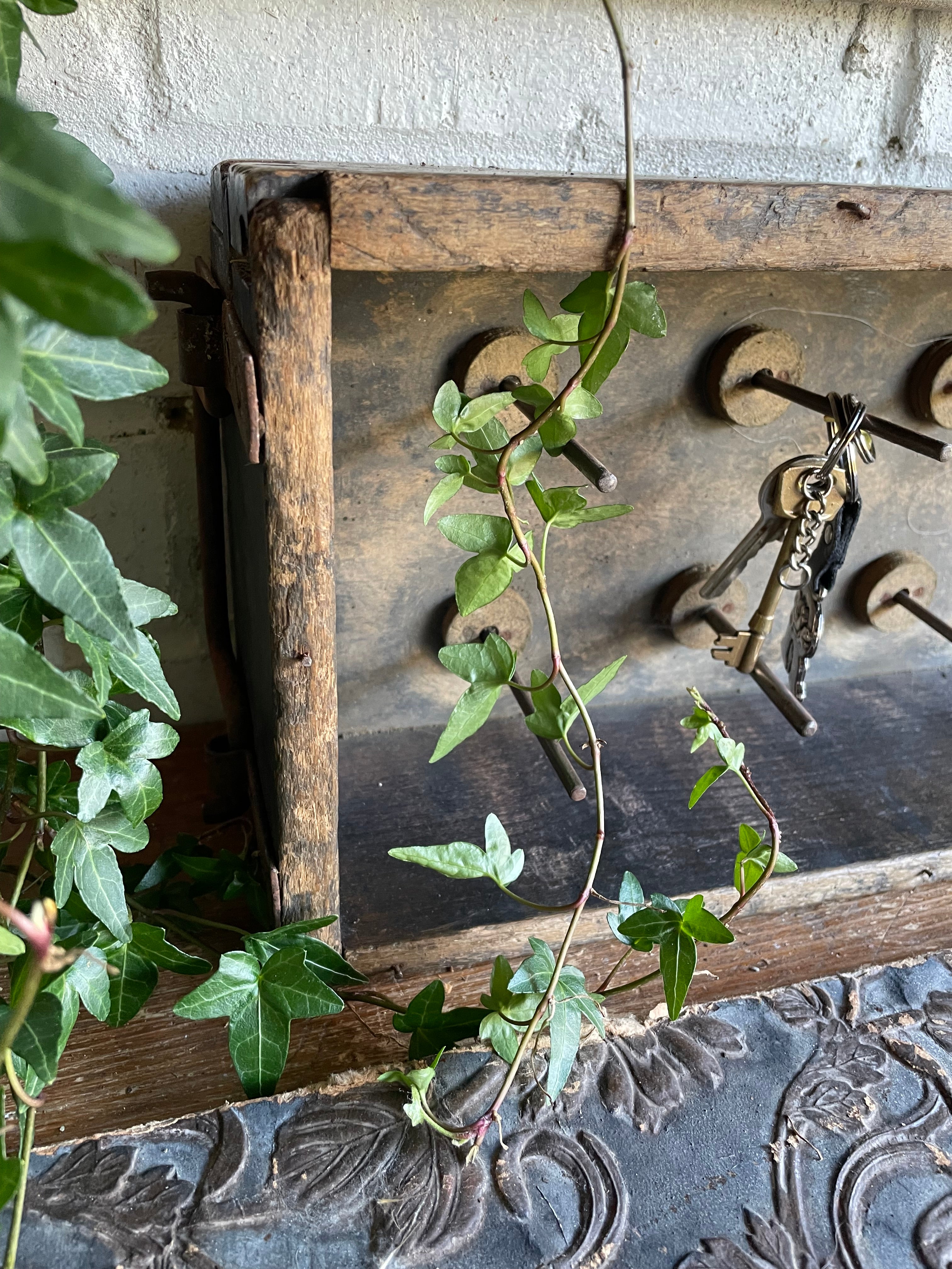 Salvaged Victorian Oak & Iron Factory Drawer (use to hang keys kitchen utensils or milk bottles)