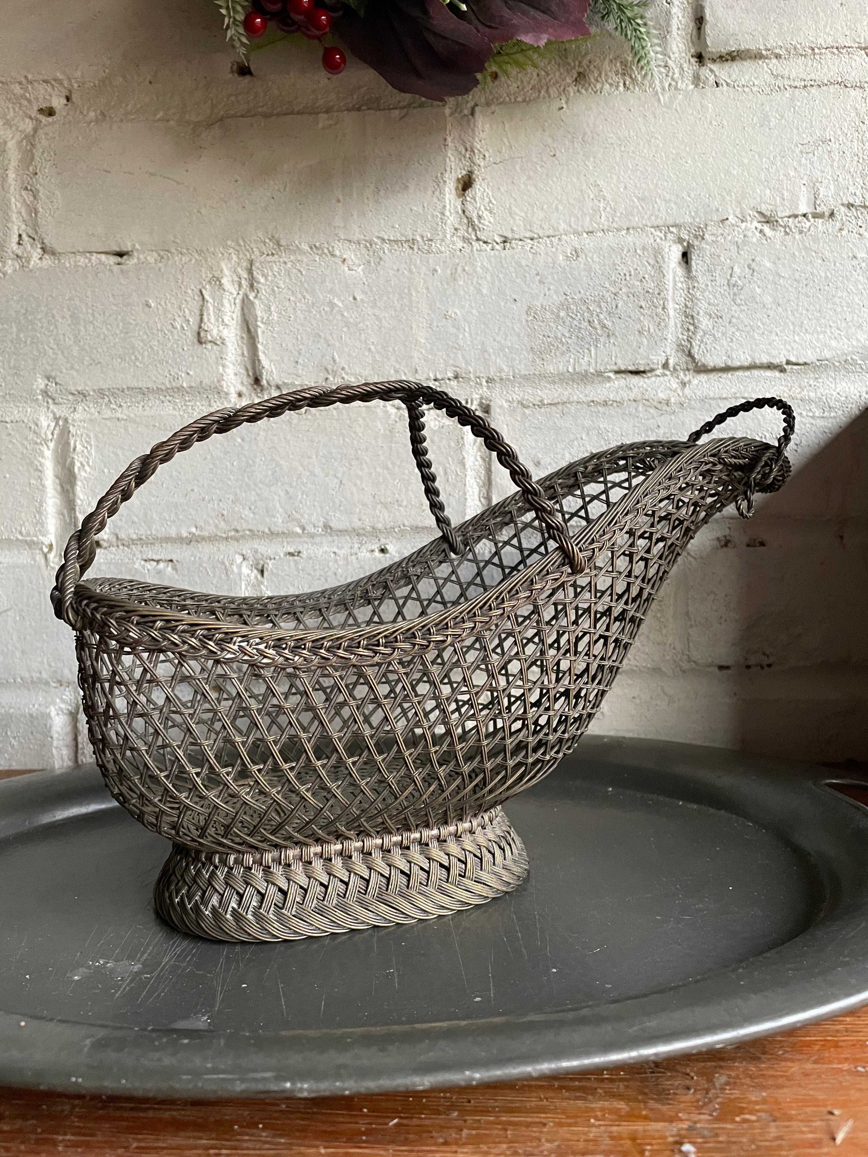 French Vintage Silver Plated Wire Basket Bottle Holder
