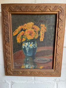 Still Life with Crysanthemums: 1930s French Oil on Board with Original Carved Wooden Frame
