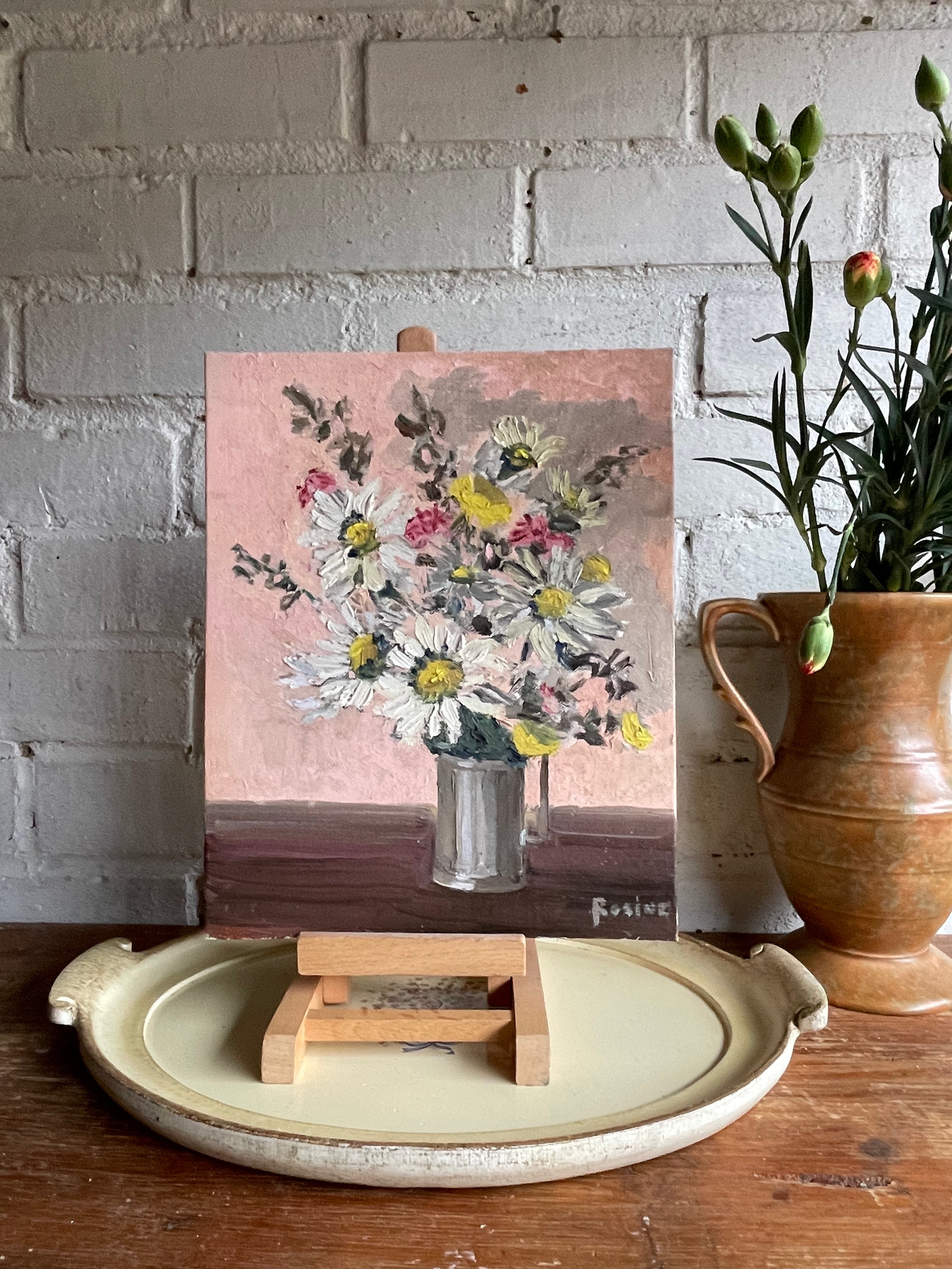 Daisies in a Silver Vase: Small Oil on Board