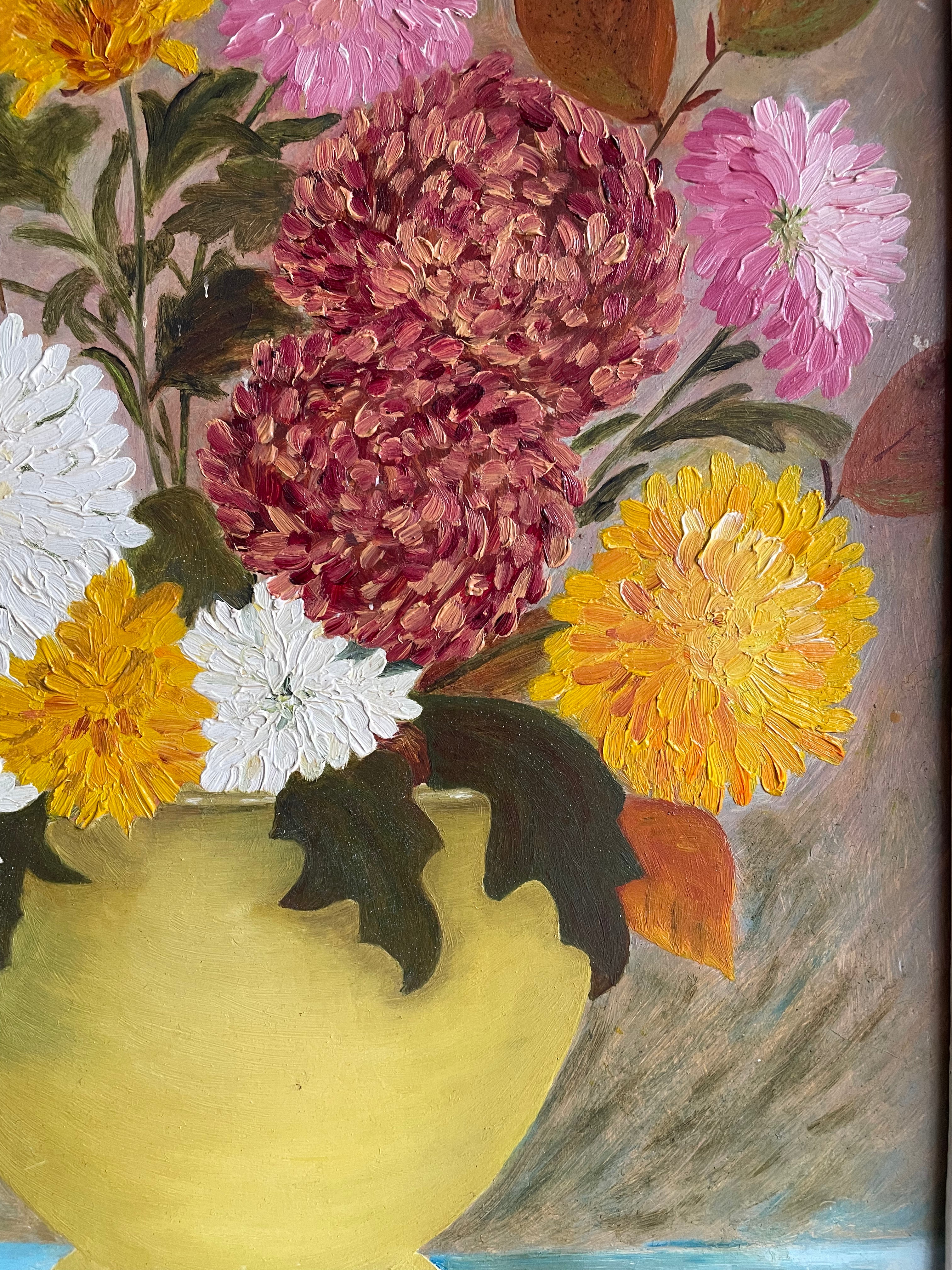 Dahlias: Signed Vintage Oil on Board
