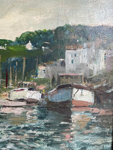 Harbour Scene: Midcentury Oil Painting Signed & Dated