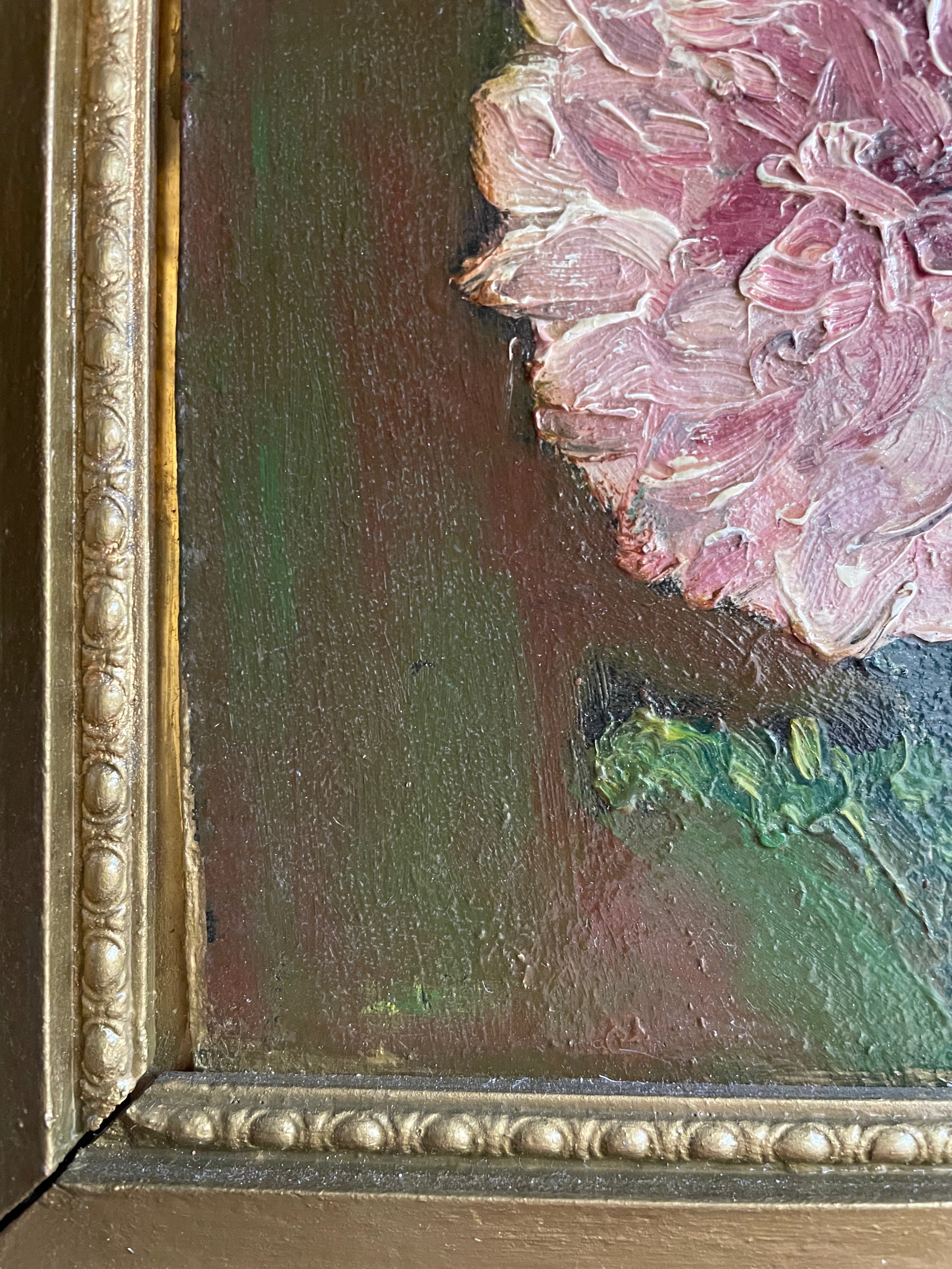 Peonies: Antique Oil on Board with Egg & Dart Frame