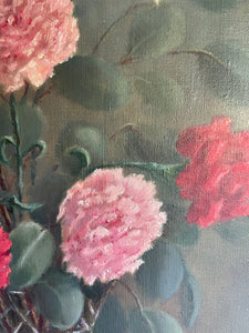 Signed Midcentury Floral Oil on Canvas in Reds & Pinks: Was £105 now £73.50 at checkout