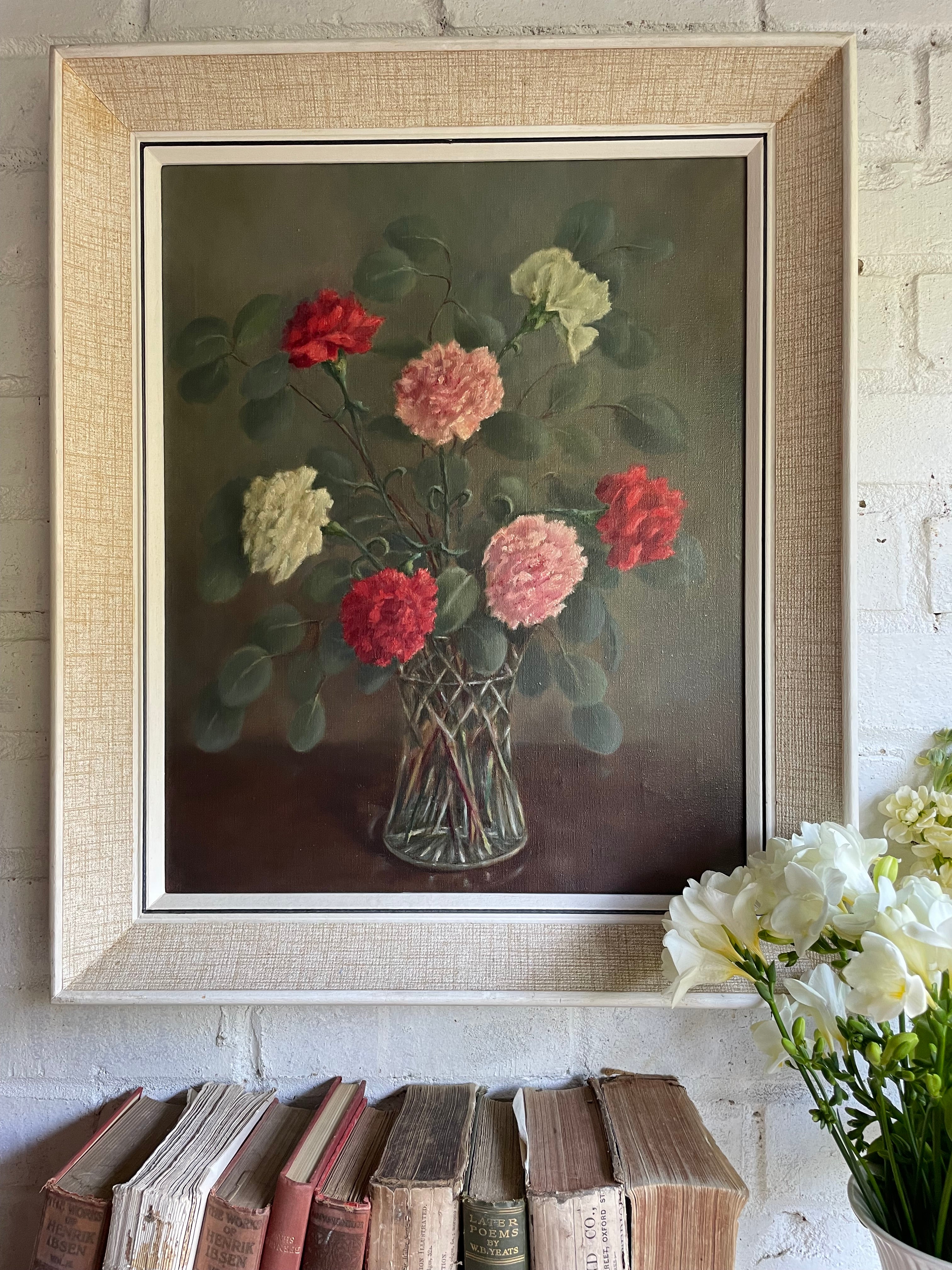 Signed Midcentury Floral Oil on Canvas in Reds & Pinks: Was £105 now £73.50 at checkout