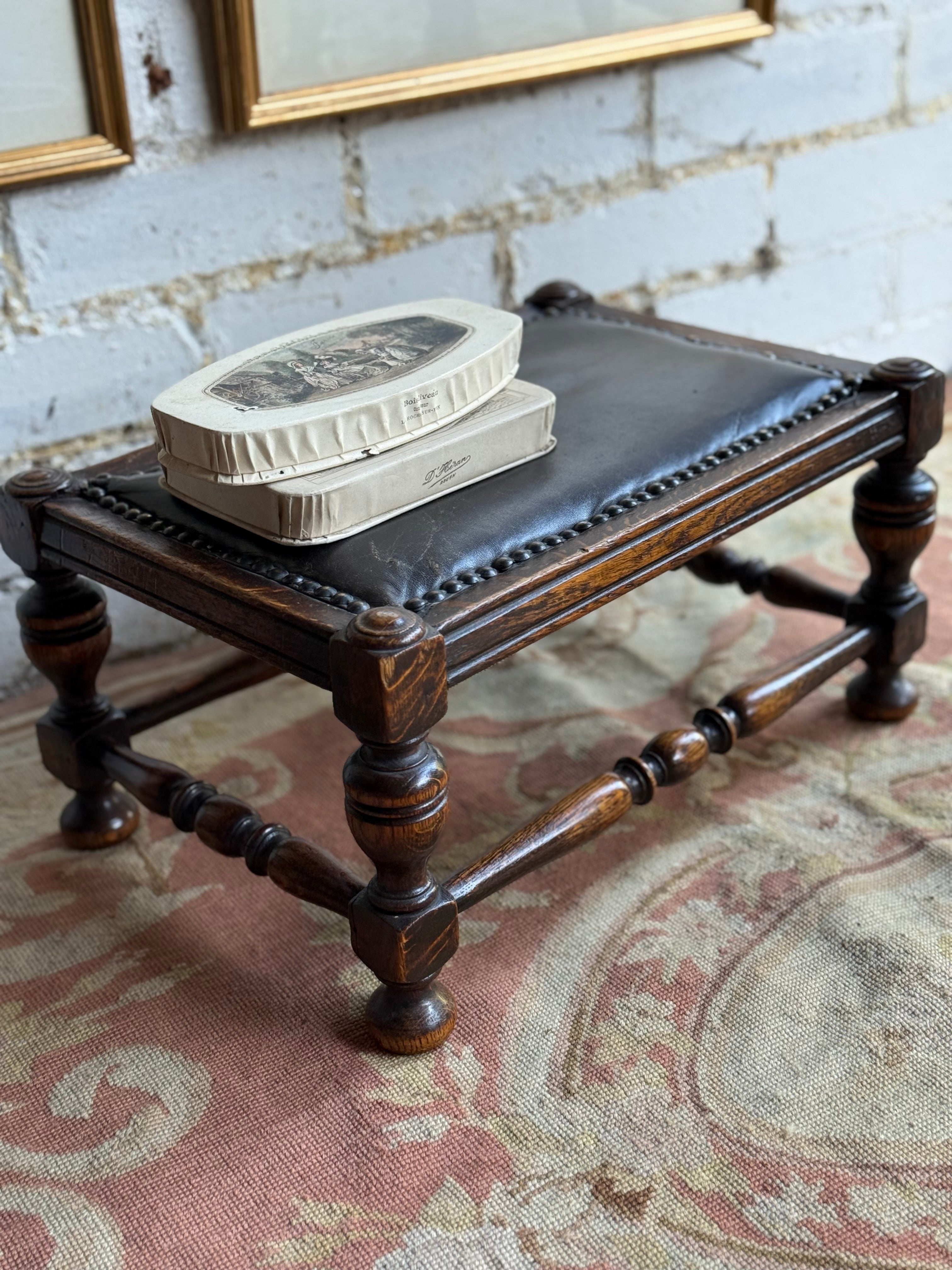 Early 1900s Edwardian Footstool with Studded Leather Seat