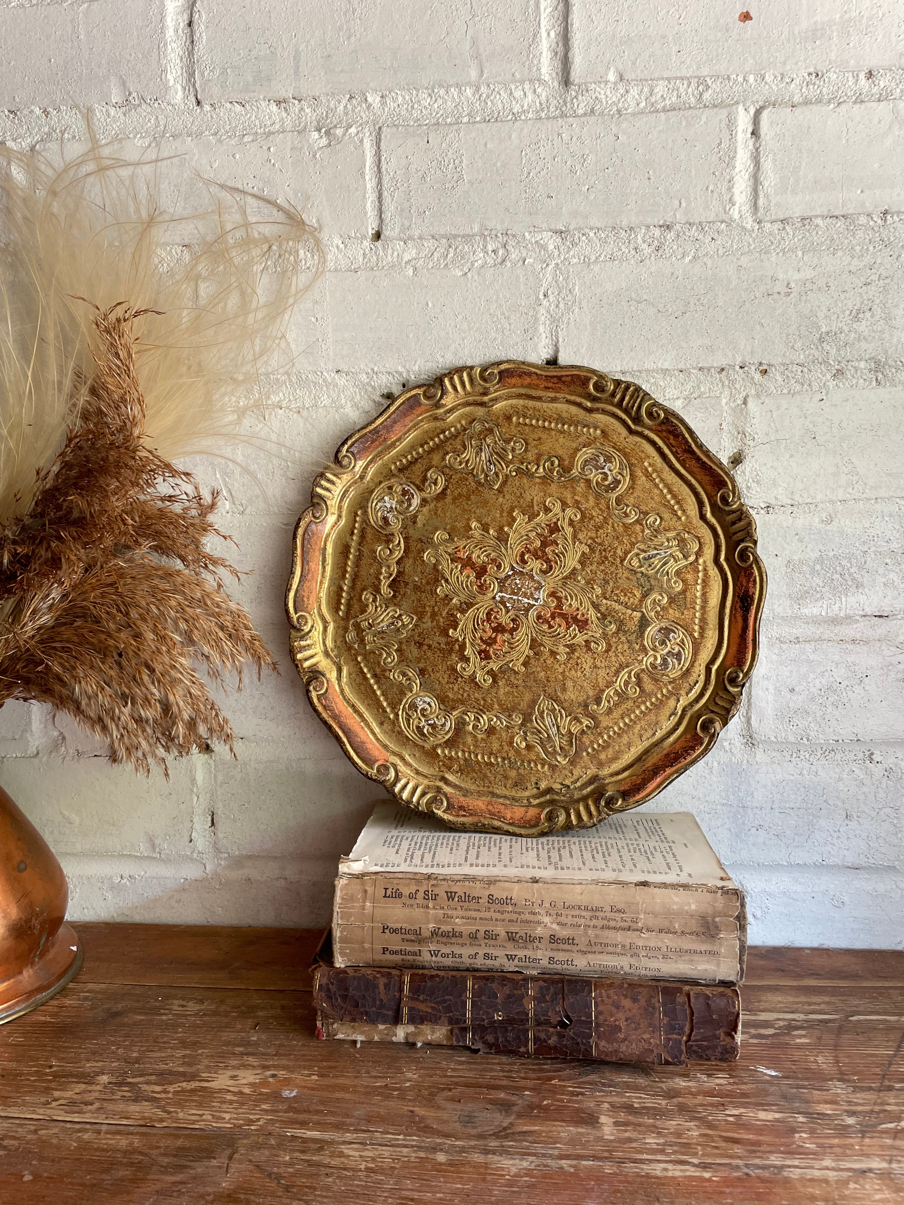 Round Gold Florentine Tray with orange hues