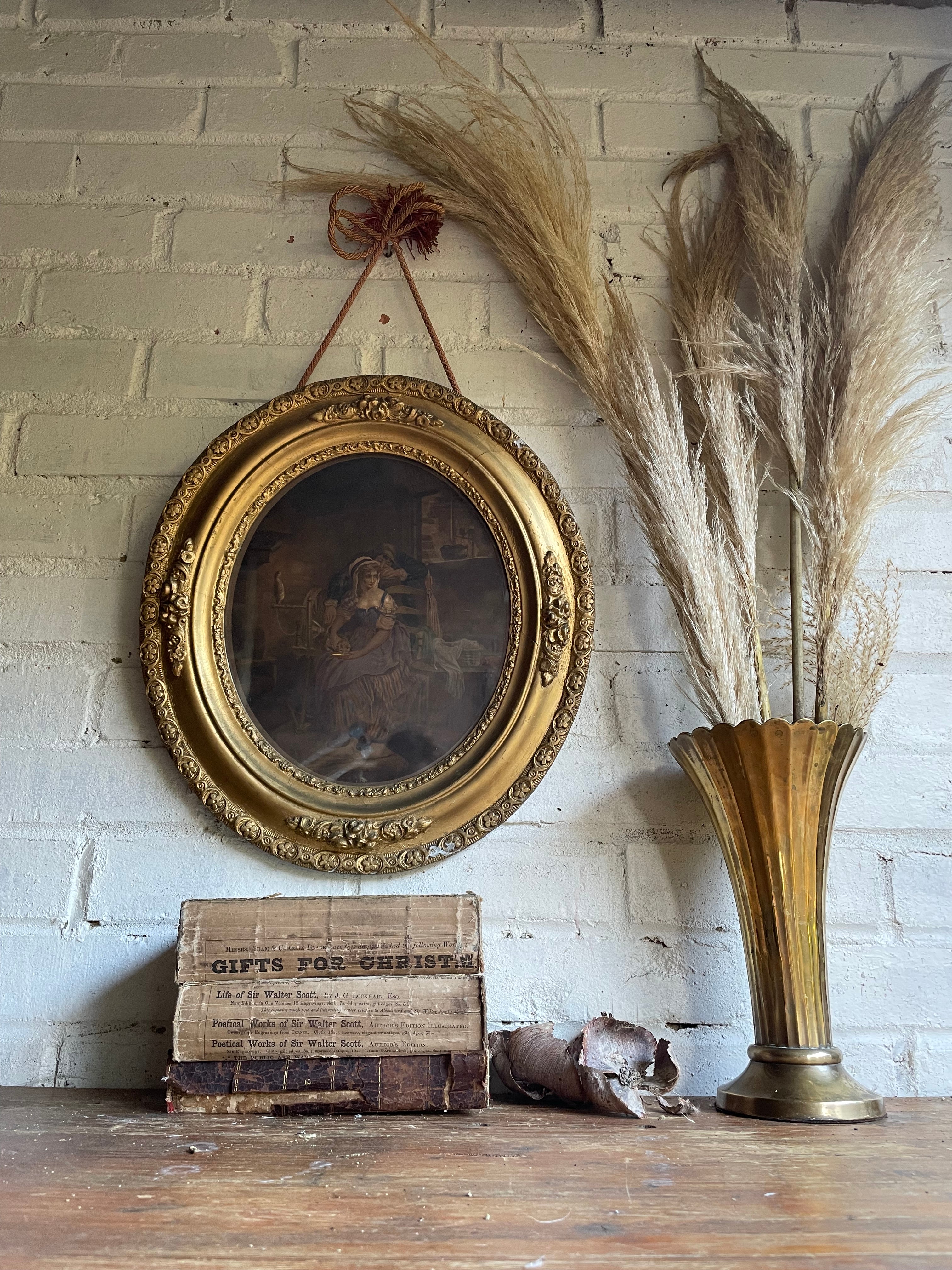 19th Century Framed Lithographic Print with Gilt Frame and Rope Tie: Country Kitchen Scene