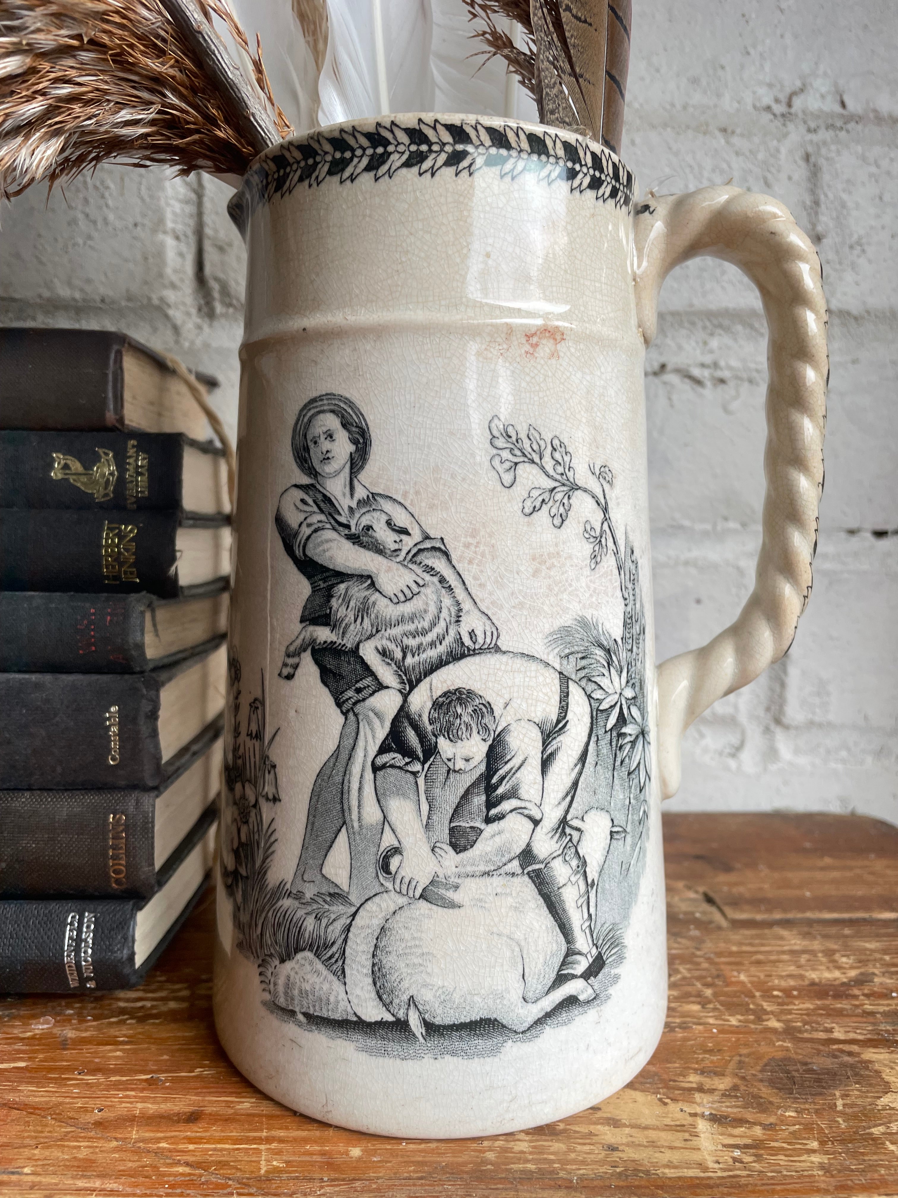 19th Century Staffordshire Transferware Pitcher: Farmers Shearing