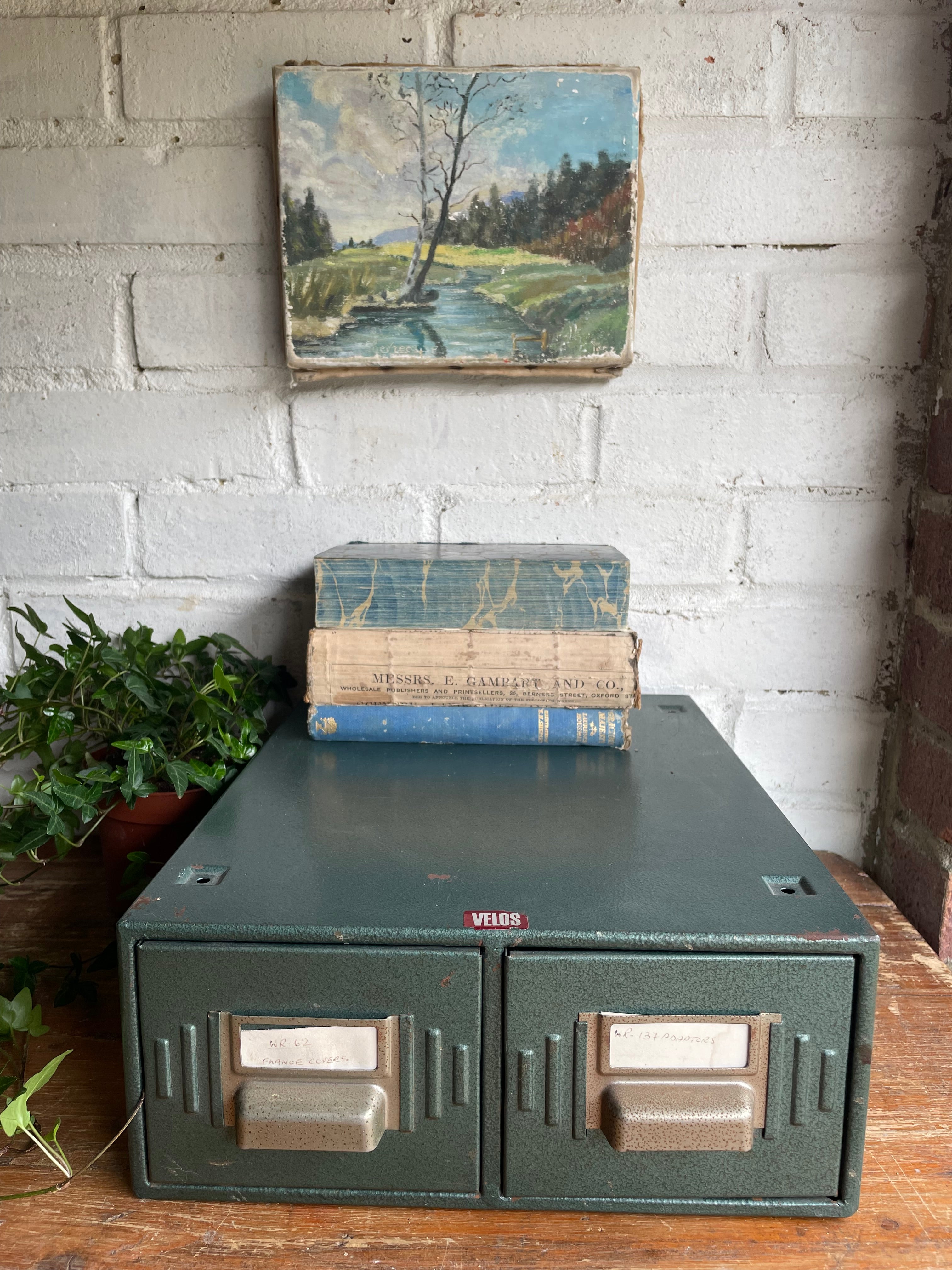 Vintage Green Metal Double Filing Drawers