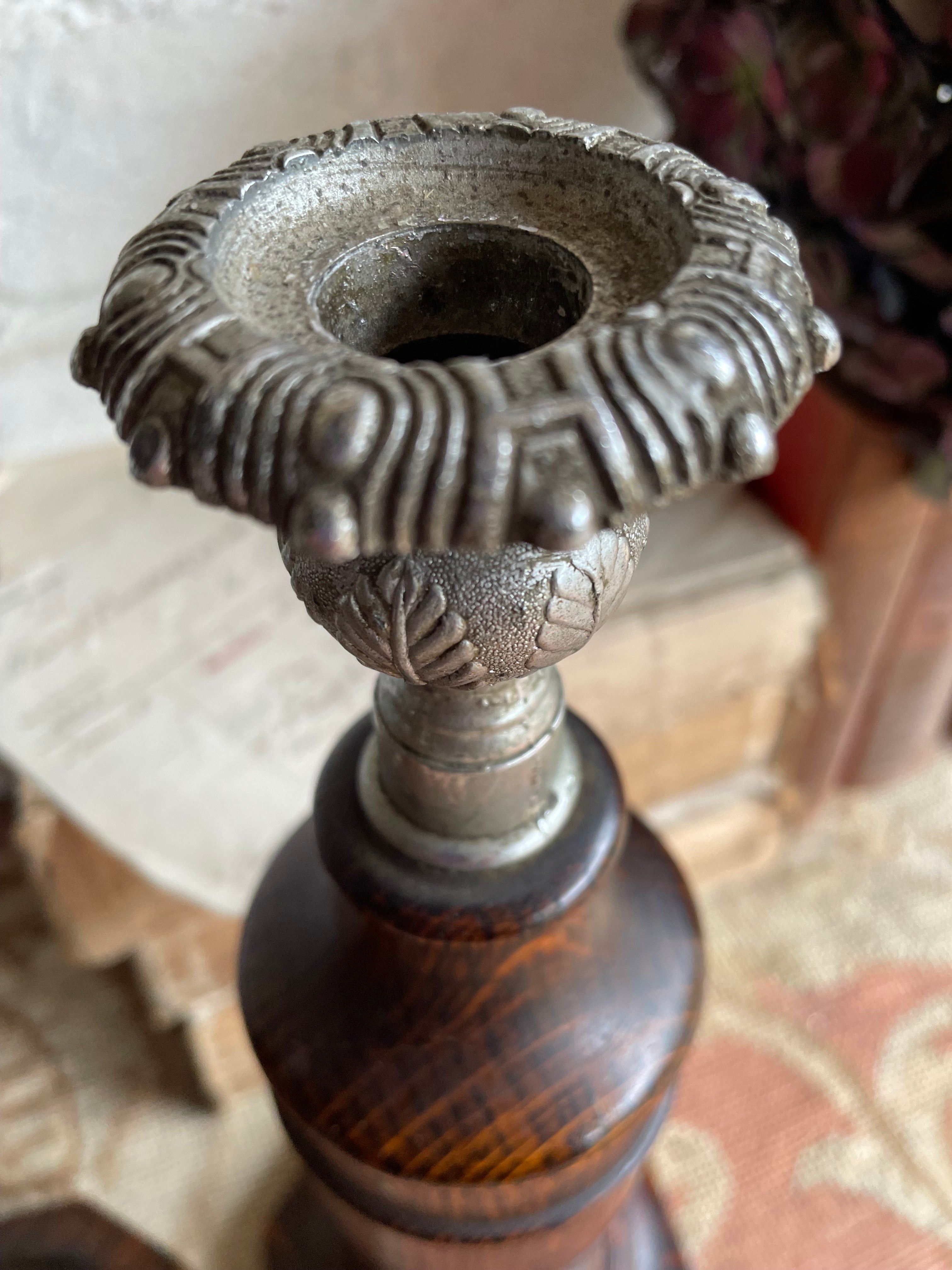 Early 1900s Oak & Silver Plate Wooden Candlesticks. Were £50 now £32.50 at checkout