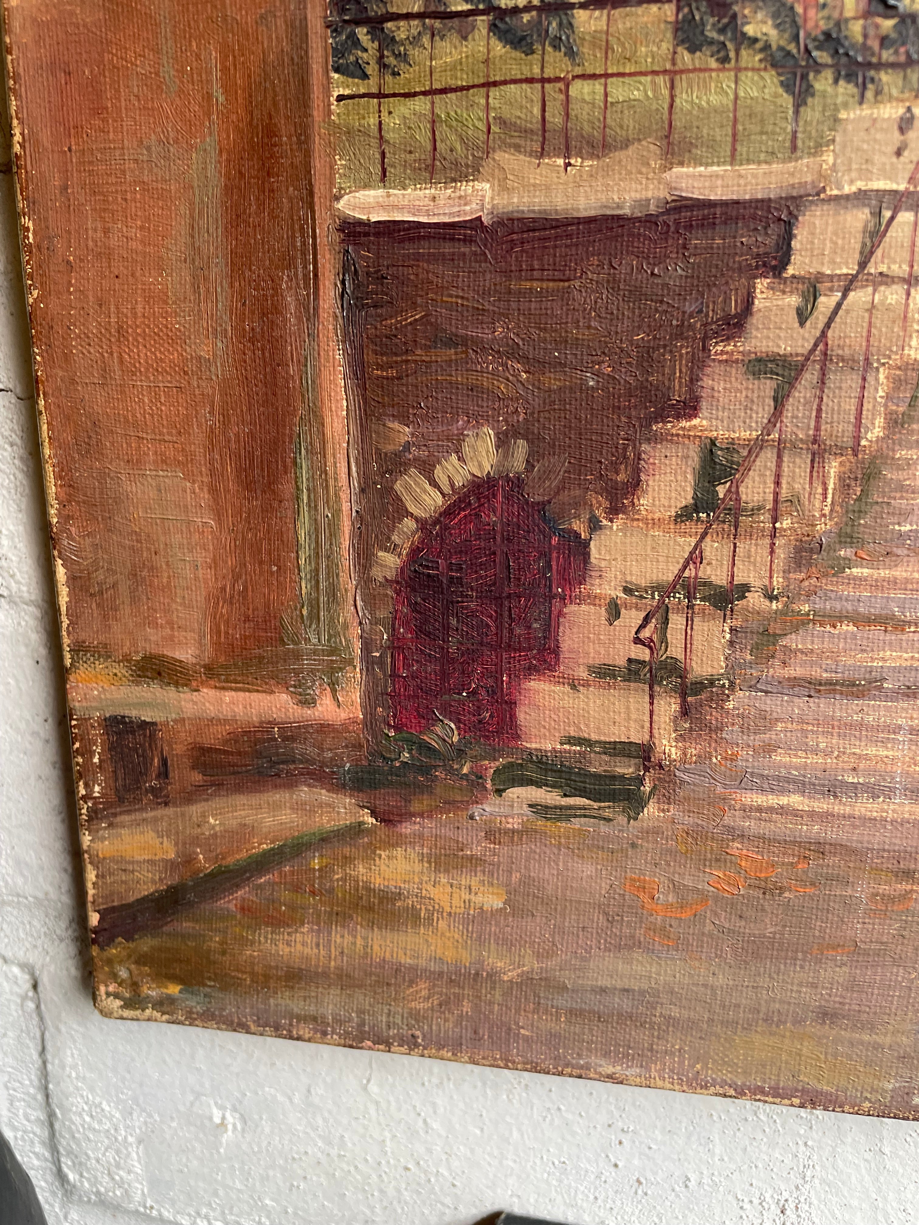 Steps to the Garden: French Oil on Canvas Signed & Dated 1912