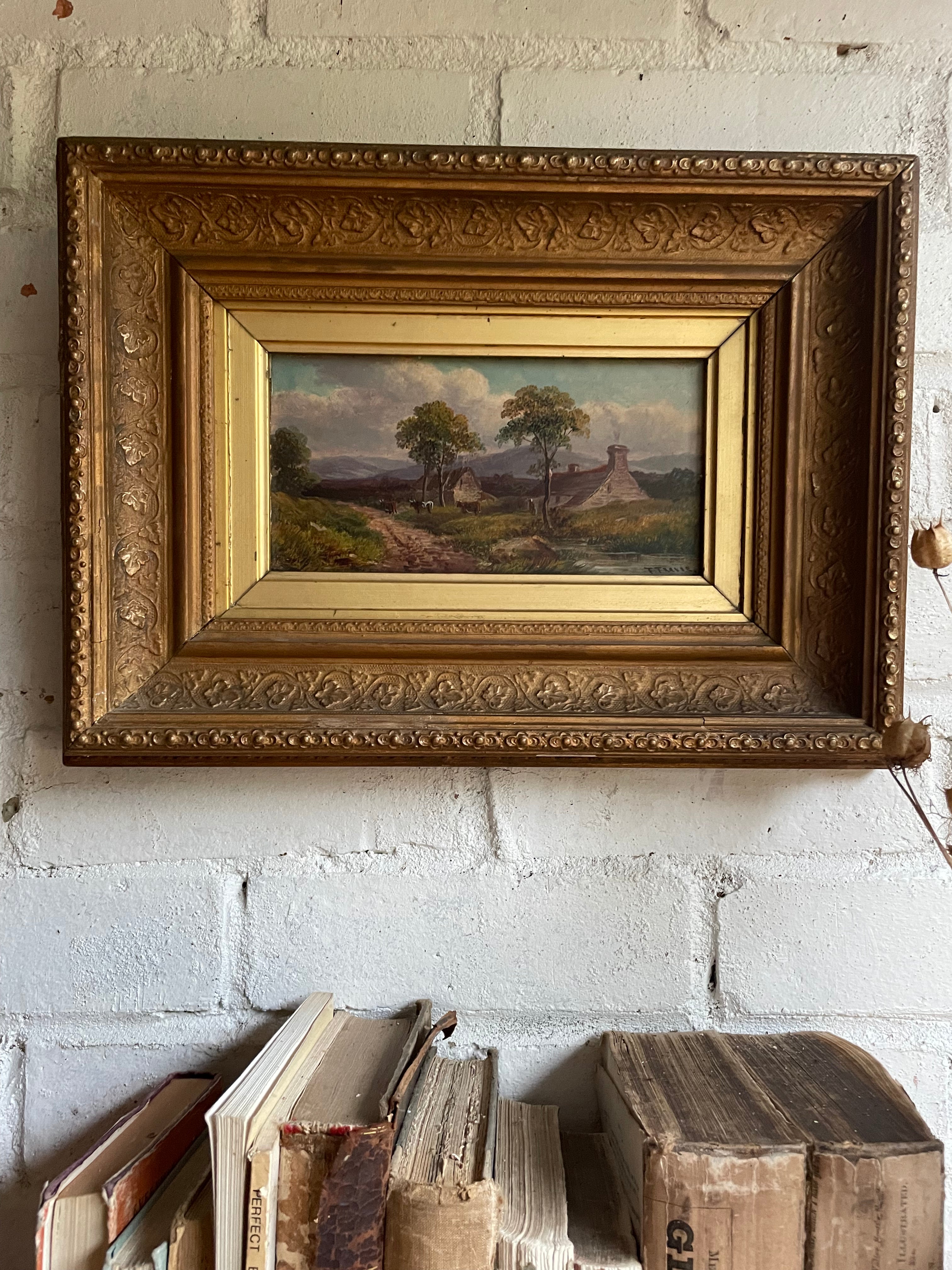 Rural Landscape with Cows Grazing: 19th Century Signed Oil on Wood with Gilt Frame