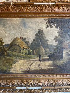 Thatched Cottages: 19th Century Oil on Board