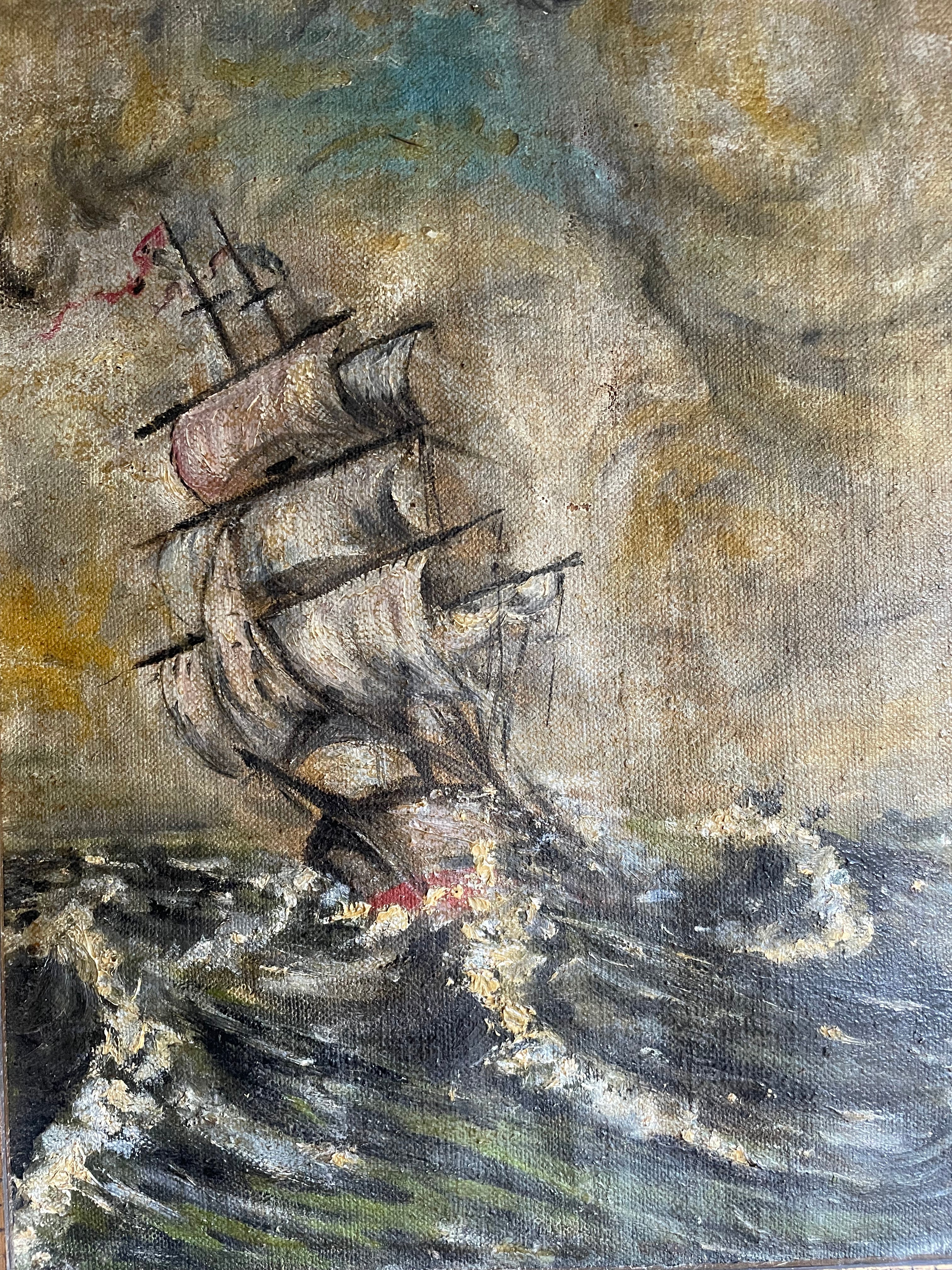 Ship on Stormy Seas: Antique Oil on Stretched Canvas